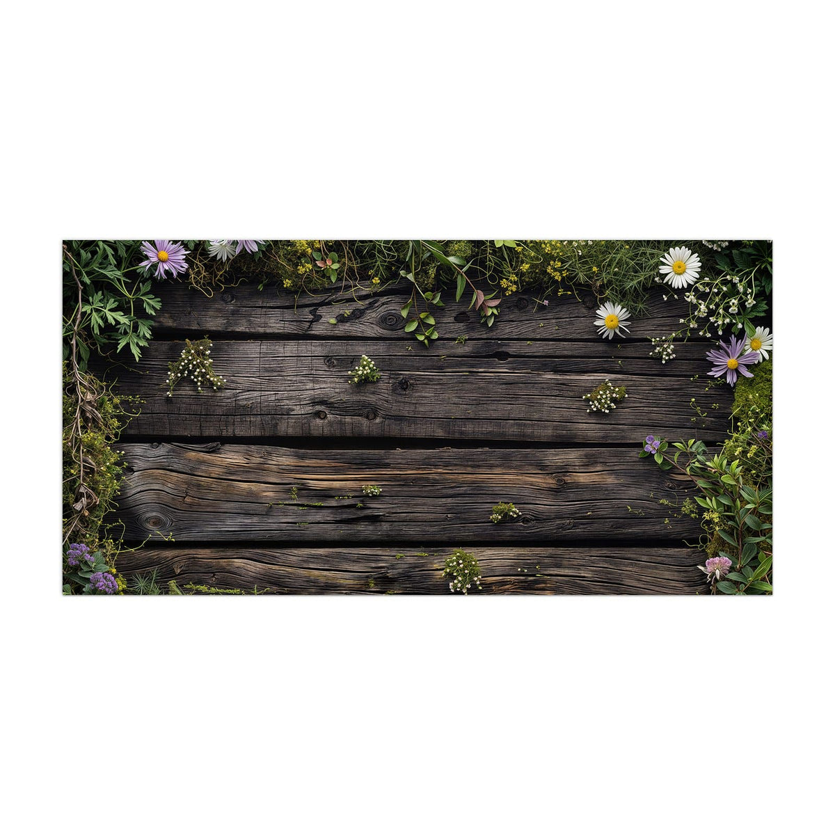 Küchenrückwand aus Glas Wildblumen auf Holz im Hochformat, Motiv bildfüllend von vorn