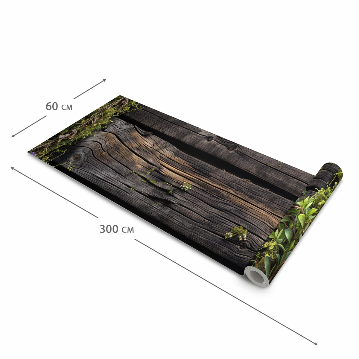 Bodenschonender Küchenteppich mit Motiv Holz mit Blumen in der Grösse 80x200 cm