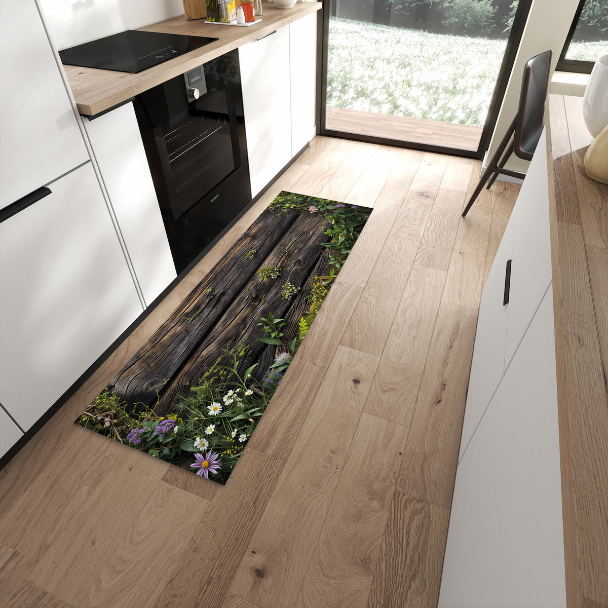 Rutschfester waschbarer Küchenläufer mit Motiv Holz mit Blumen in moderner Küche