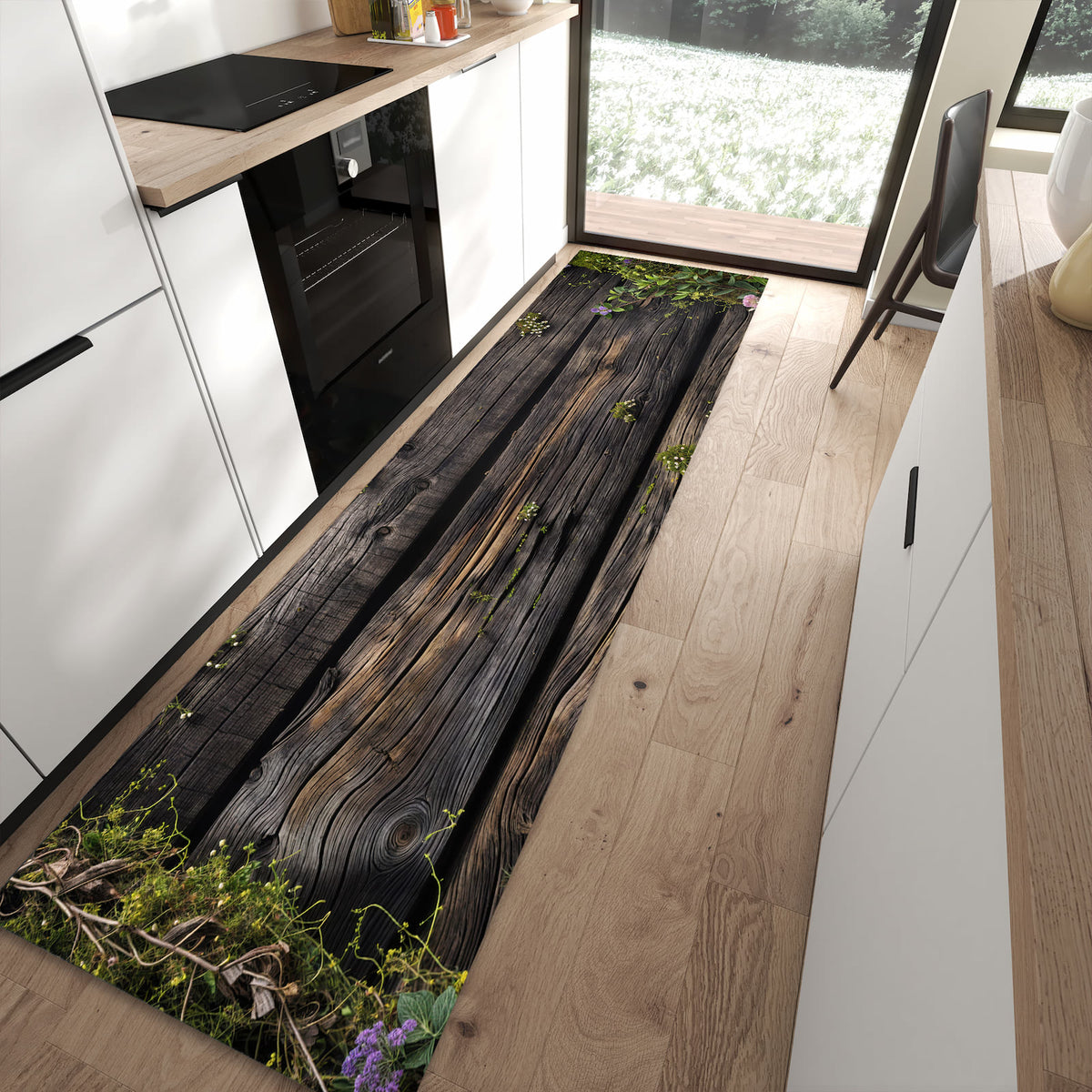 Waschbarer Teppich fürs Esszimmer mit Motiv Holz mit Blumen in moderner Küche