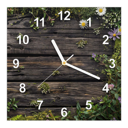 Wanduhr Quadratisch mit dem Motiv Wildblumen auf Holz