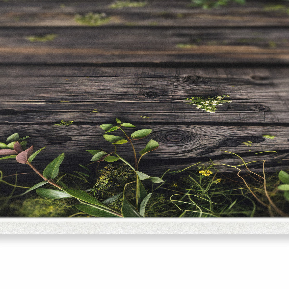 Küchenläufer mit Motiv Holz mit Blumen in seitlicher Ansicht für angenehme Haptik