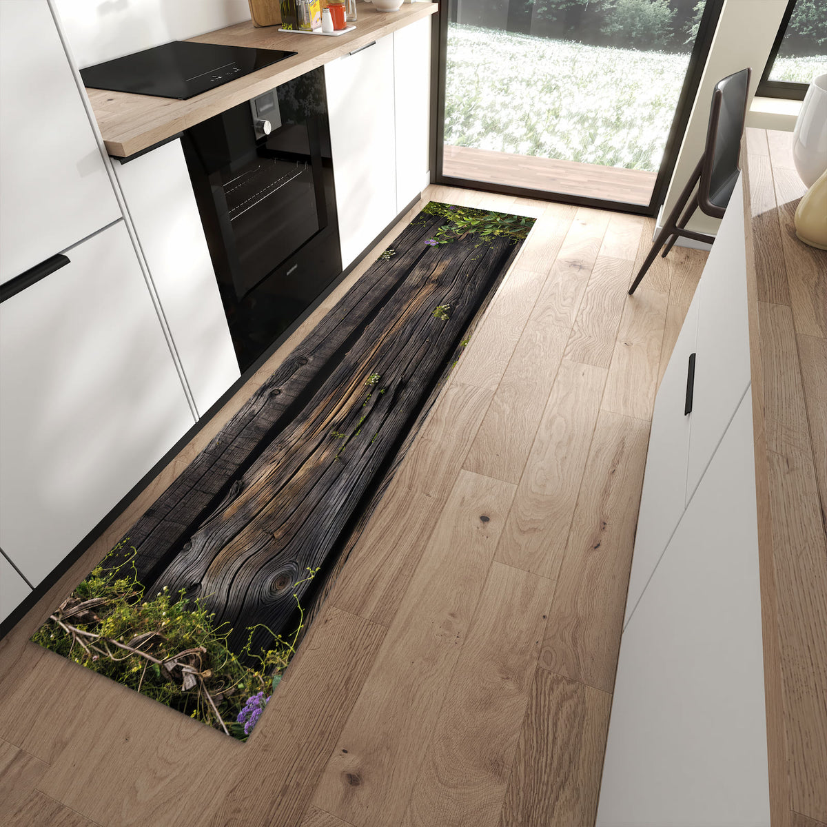 Bodenschonender langer Teppich mit Motiv Holz mit Blumen in moderner Küche