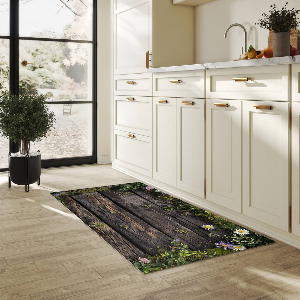 Pflegeleichter waschbarer Küchenläufer mit Motiv Holz mit Blumen in heller Küche