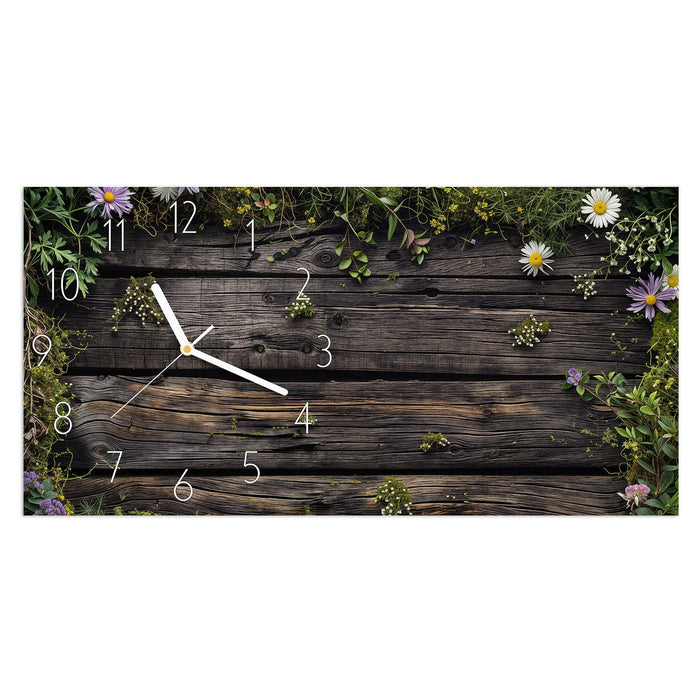 Wanduhr Holz mit Blumen aus Glas – Querformat 60 × 30 cm mit Ziffernblatt Elegant