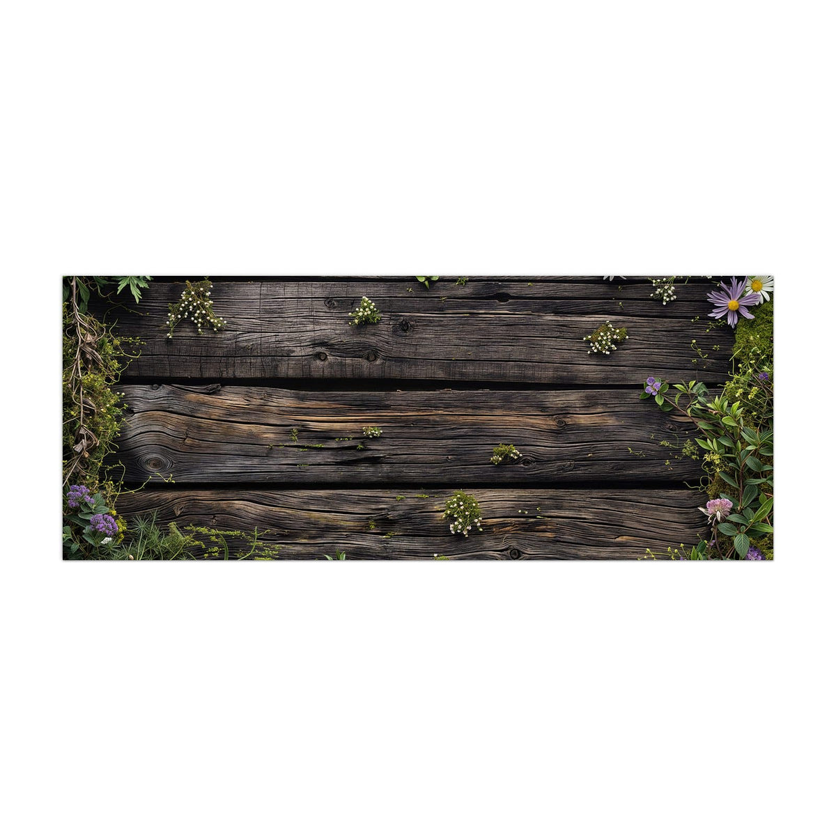 Küchenrückwand aus Glas Wildblumen auf Holz im Hochformat, Motiv bildfüllend von vorn