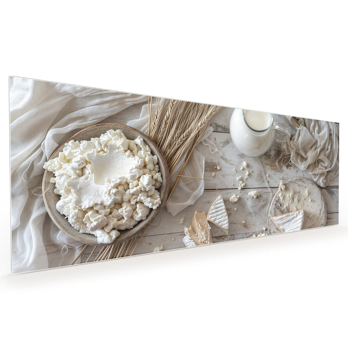 Küchenrückwand aus Glas im Hochformat mit Motiv Käse und Weizenähren: Krümeliger Weißkäse in Holzschale, zwei Camembert-Stücke #grösse_40 x 100 cm #grösse_50 x 125 cm #grösse_60 x 150 cm