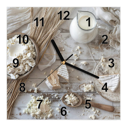 Wanduhr Quadratisch mit dem Motiv Käse und Weizenähren