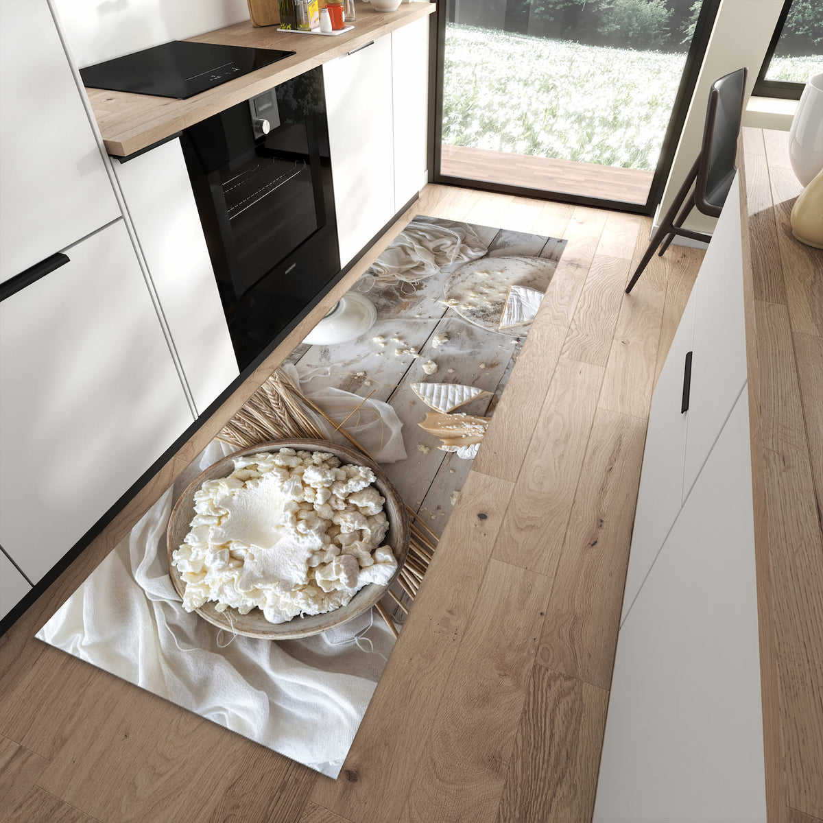 Flacher Küchenteppich mit Motiv Ziegenkäse Schale in moderner Küche