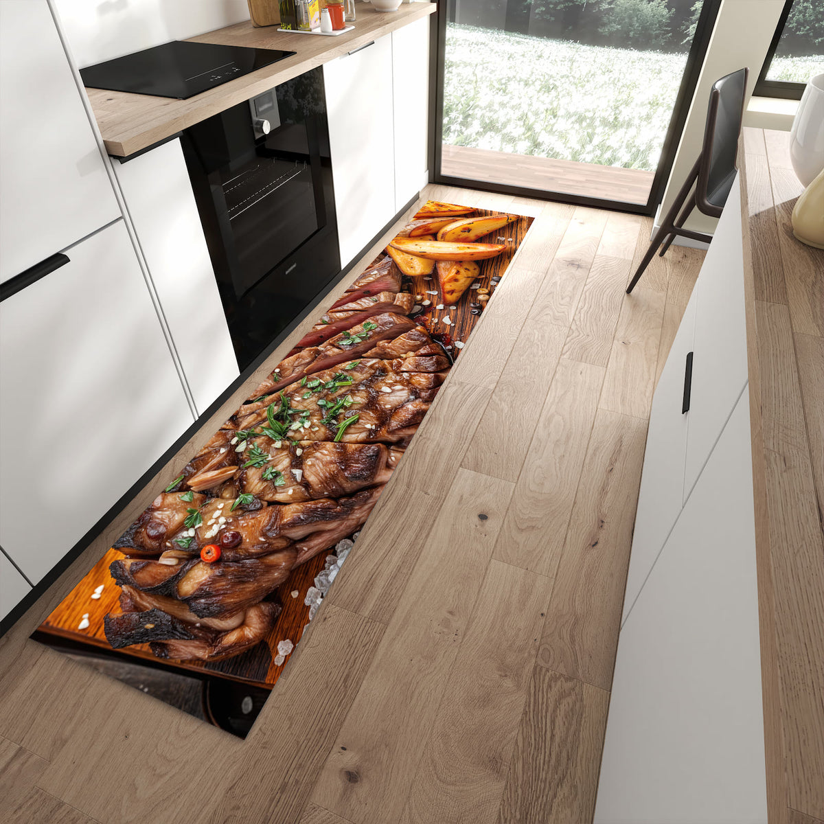 Langlebiger Küchenteppich mit Motiv Grillplatte in moderner Küche