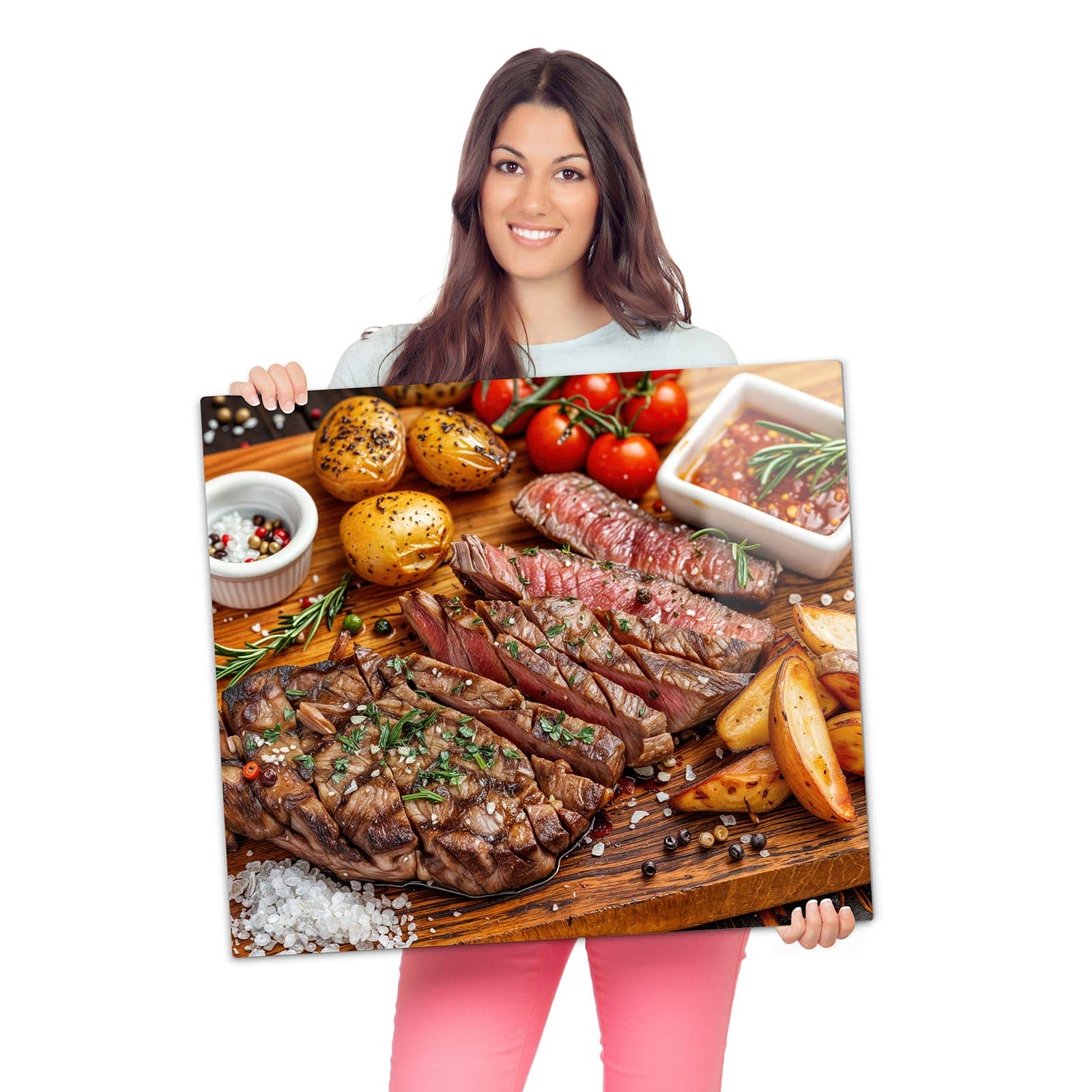 Glasplatte für Herd mit Grillplatte-Motiv wird zur Größendarstellung gehalten