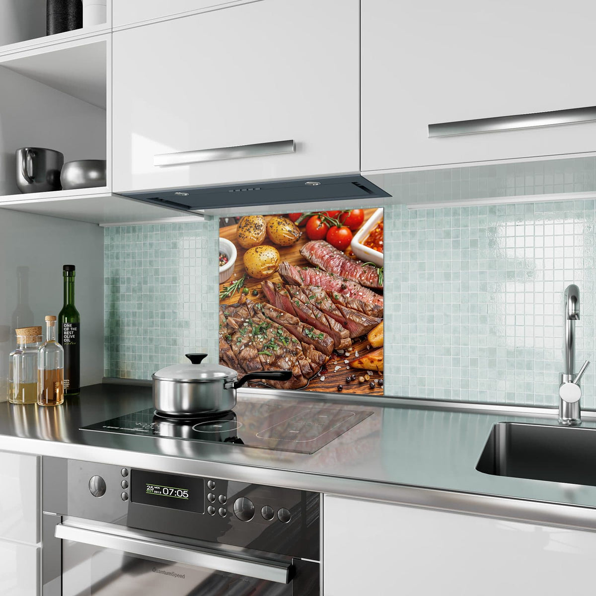 Küchenrückwand Steak mit Kartoffeln aus Glas – Fleisch, Kartoffeln und Tomaten auf Brett