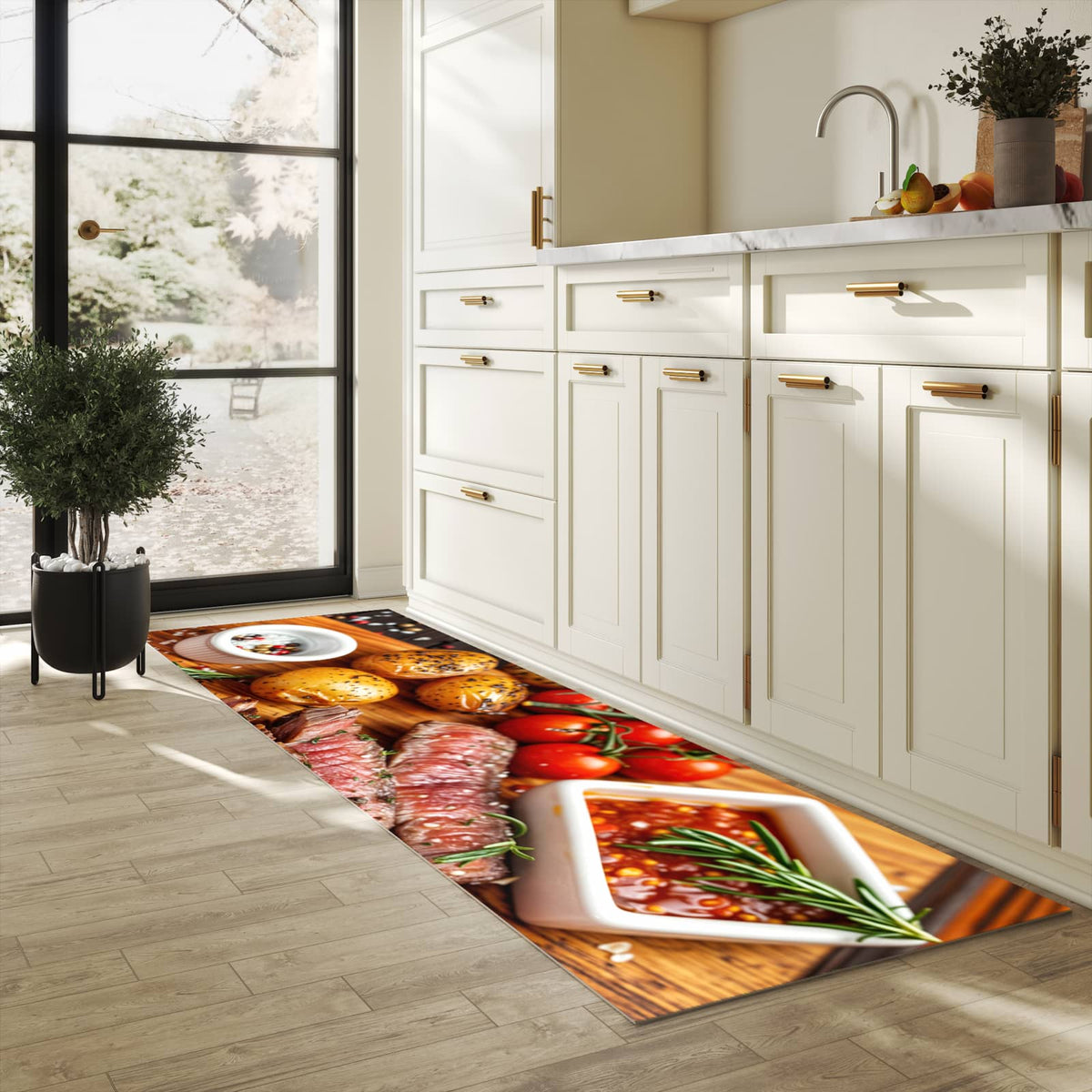 Bodenschonender waschbarer Küchenteppich mit Motiv Grillplatte in heller Küche