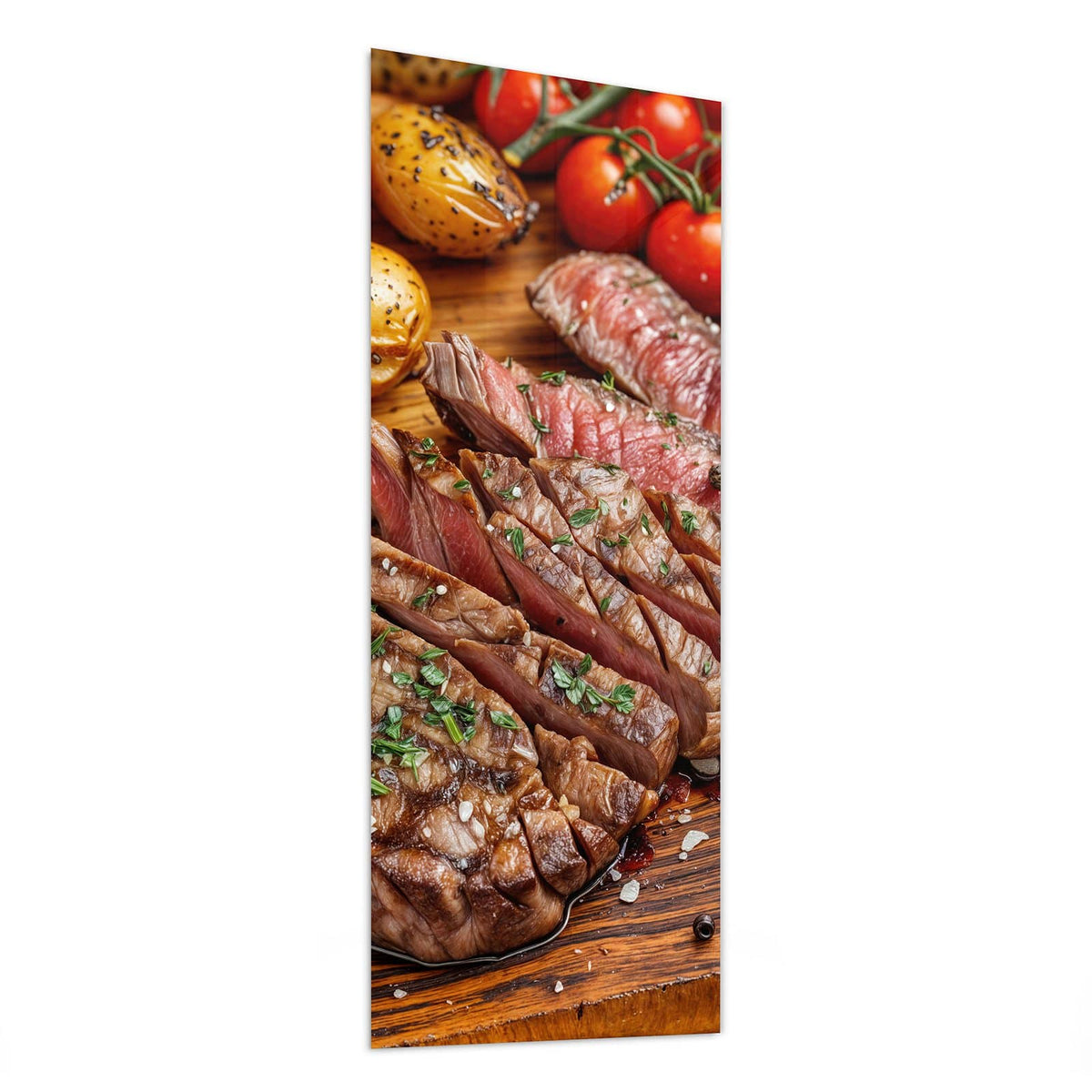 Glasbild Steak mit Kartoffeln von der Seite, 4 mm Echtglas