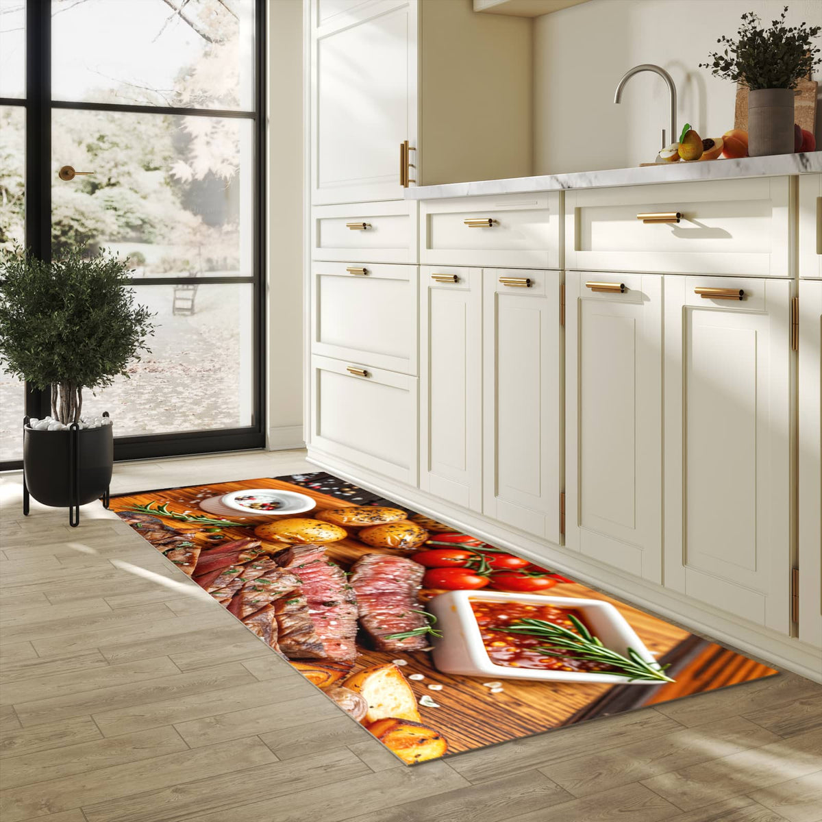 Küchenteppich mit Motiv Grillplatte in heller Küche für sicheres Aufbewahren
