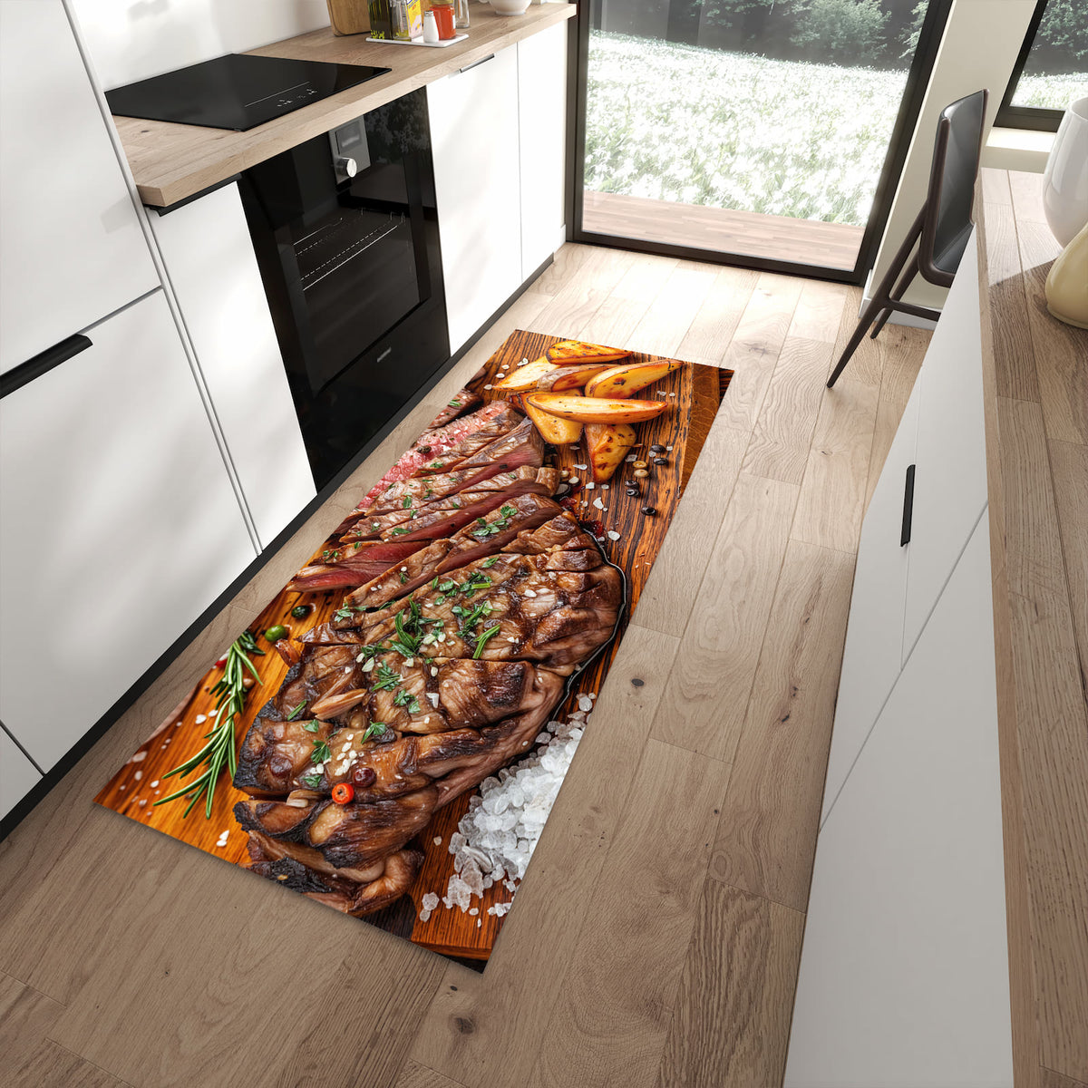 Komfortabler Küchenläufer mit Motiv Grillplatte in moderner Küche