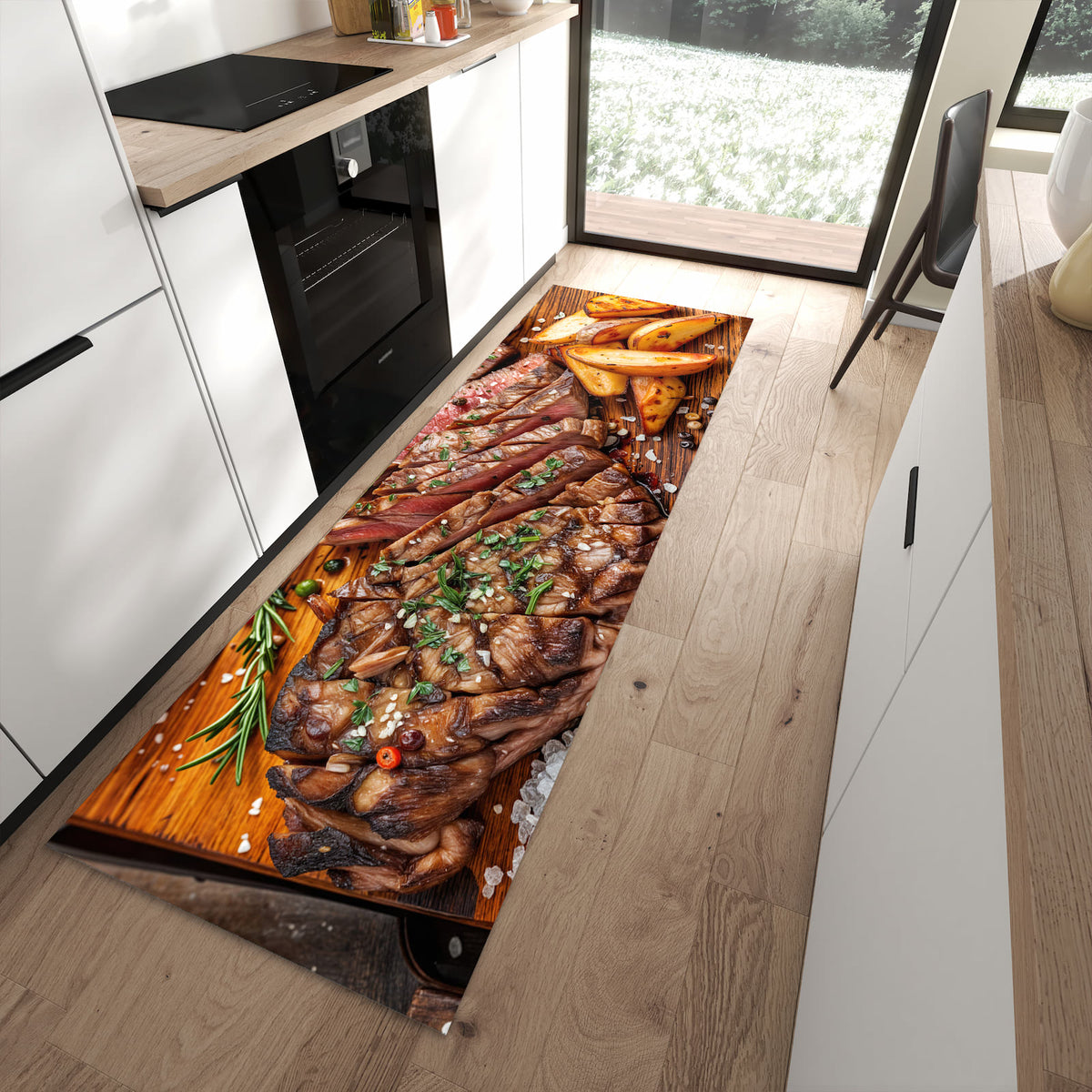 Rutschfester Küchenläufer mit Motiv Grillplatte in moderner Küche