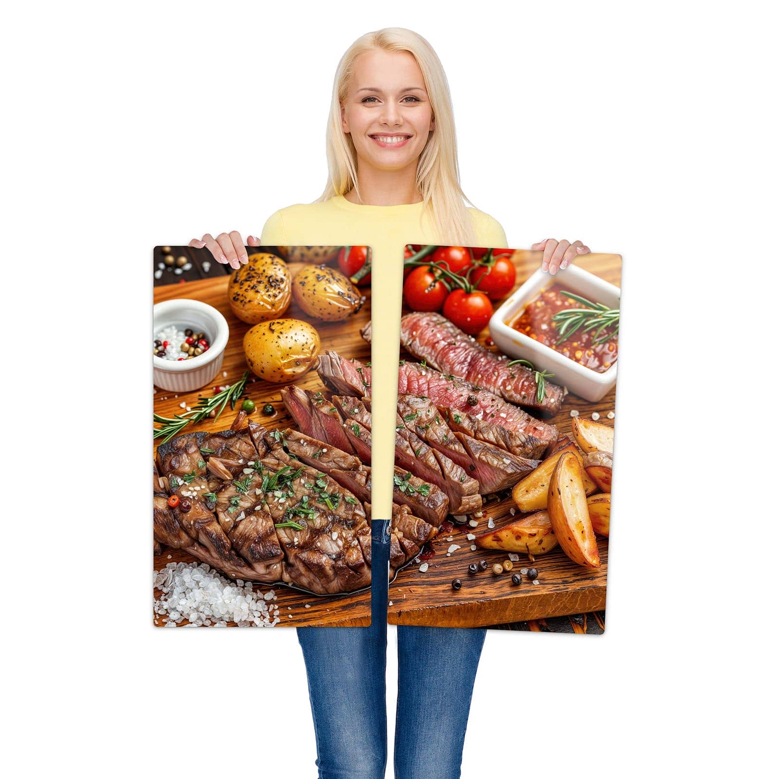 2-teilige Abdeckplatten für Herd mit Grillplatte-Motiv wird zur Größendarstellung gehalten