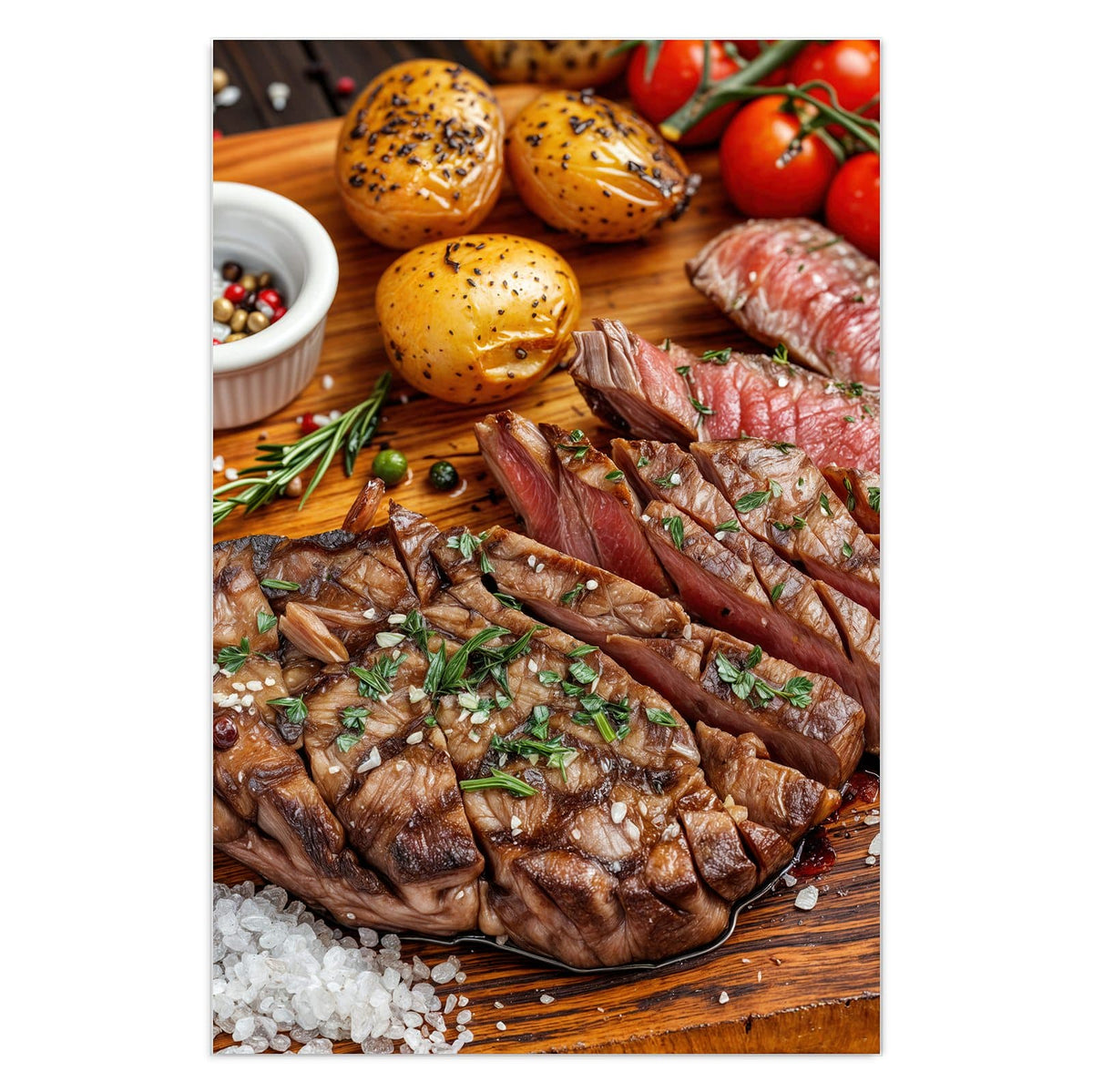 Aufgeschnittenes Steak auf Holzbrett mit Ofenkartoffeln, Rispentomaten, Rosmarin und Pfefferkörnern