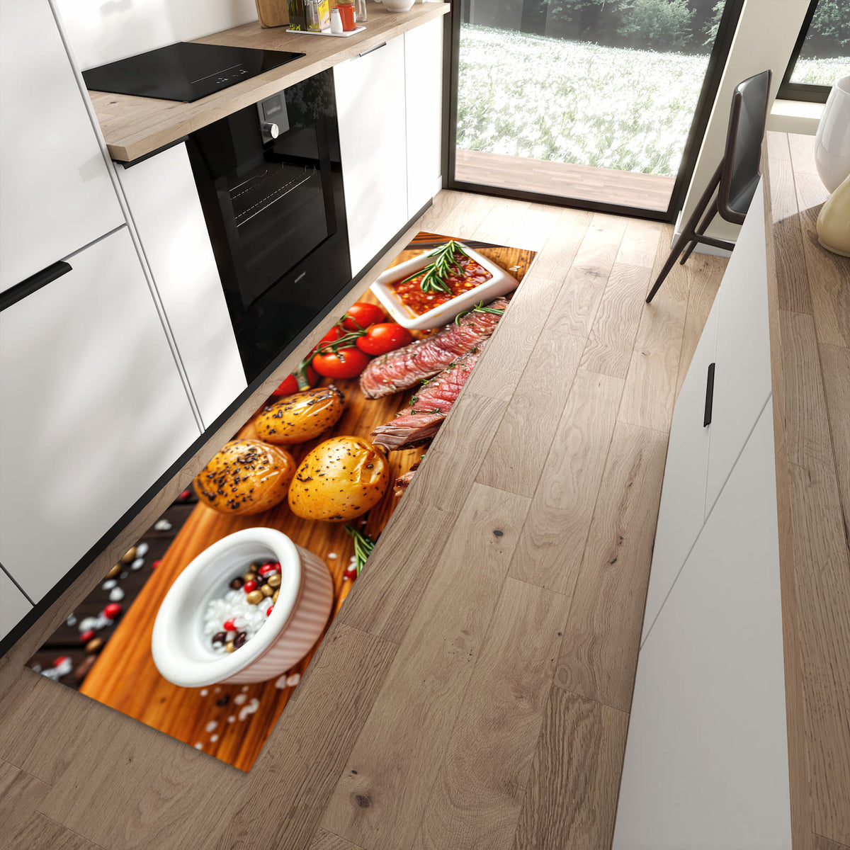 Geruchsneutraler Küchenteppich mit Motiv Grillplatte in moderner Küche