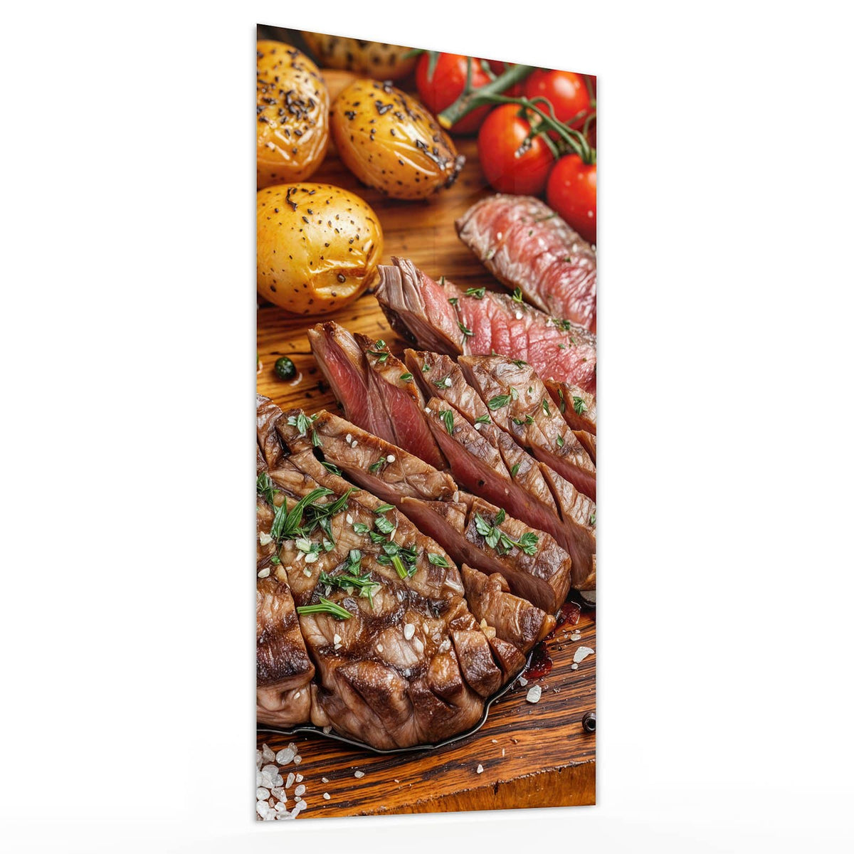 Glasbild Steak mit Kartoffeln von der Seite, 4 mm Echtglas