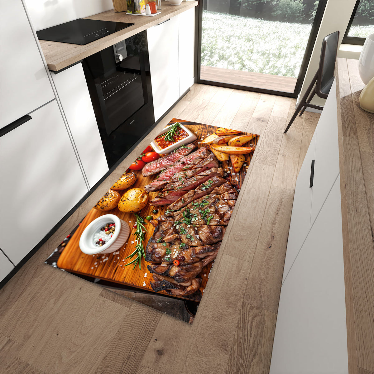 Hygienischer Küchenteppich mit Motiv Grillplatte in moderner Küche - waschbar