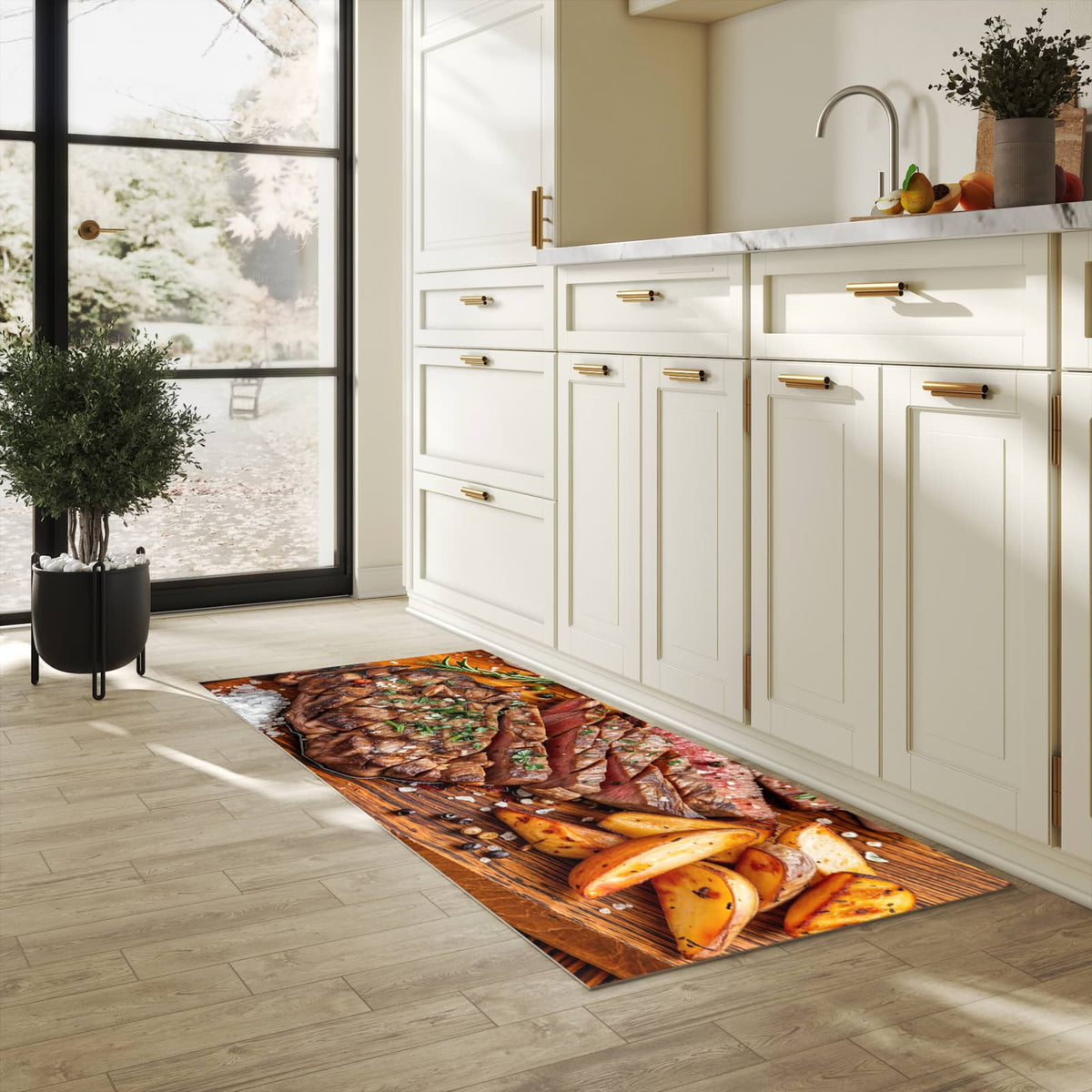 Bodenschonender Bodenläufer-Teppich mit Motiv Grillplatte in heller Küche