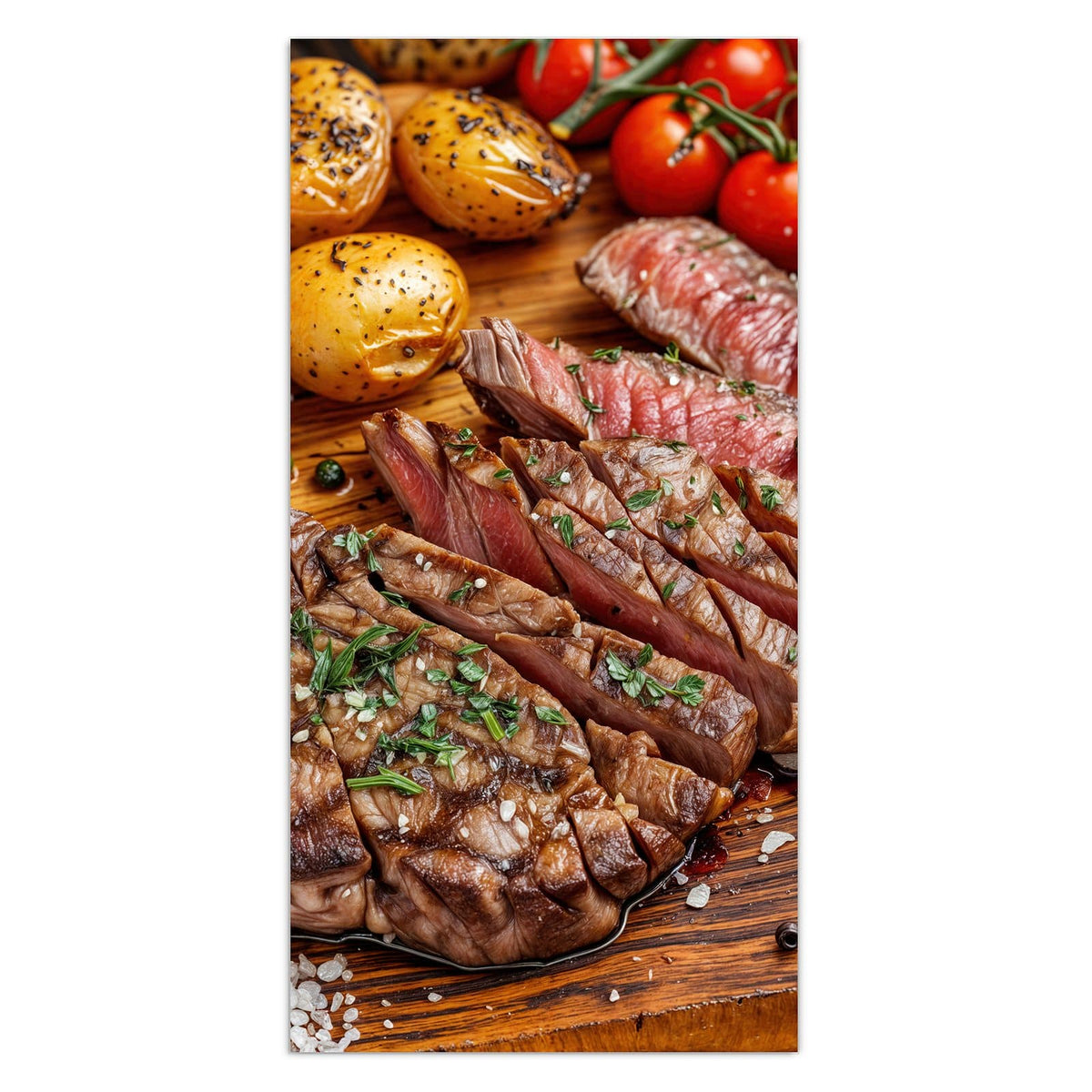 Aufgeschnittenes Steak auf Holzbrett mit Ofenkartoffeln, Rispentomaten, Rosmarin und Pfefferkörnern