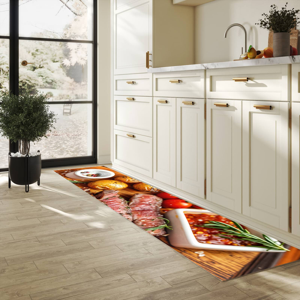 Rutschfester Küchenteppich mit Motiv Grillplatte in heller Küche