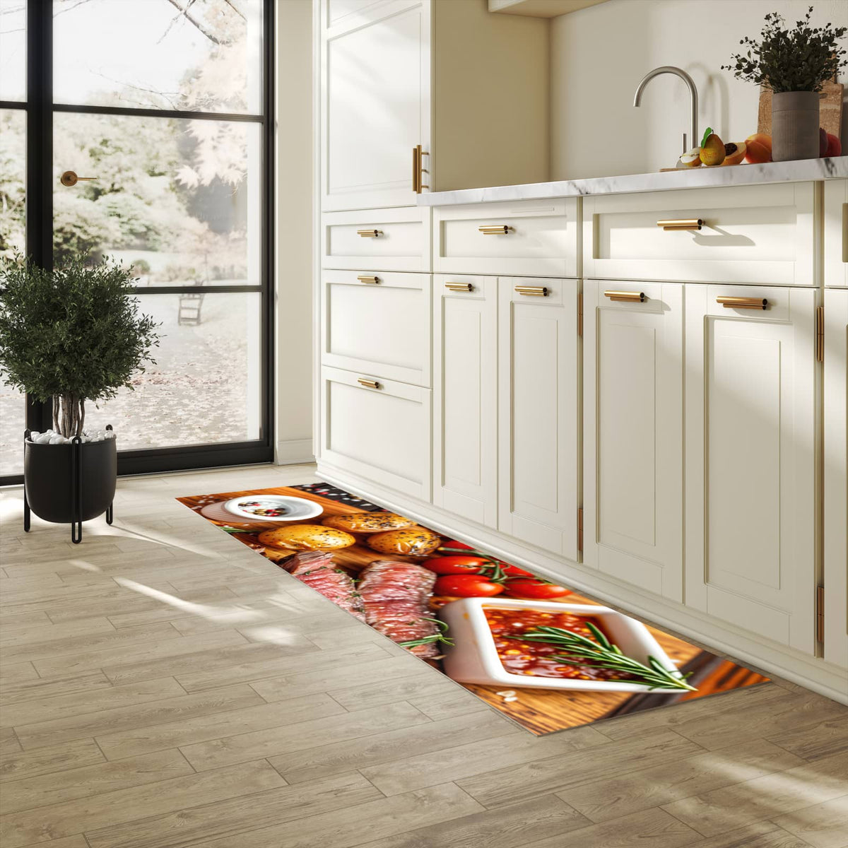 Waschbarer Teppich fürs Esszimmer mit Motiv Grillplatte in heller Küche