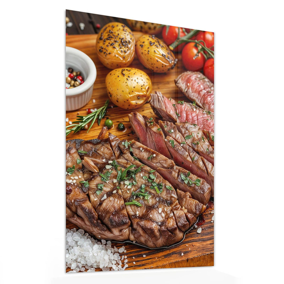 Glasbild Steak mit Kartoffeln von der Seite, 4 mm Echtglas