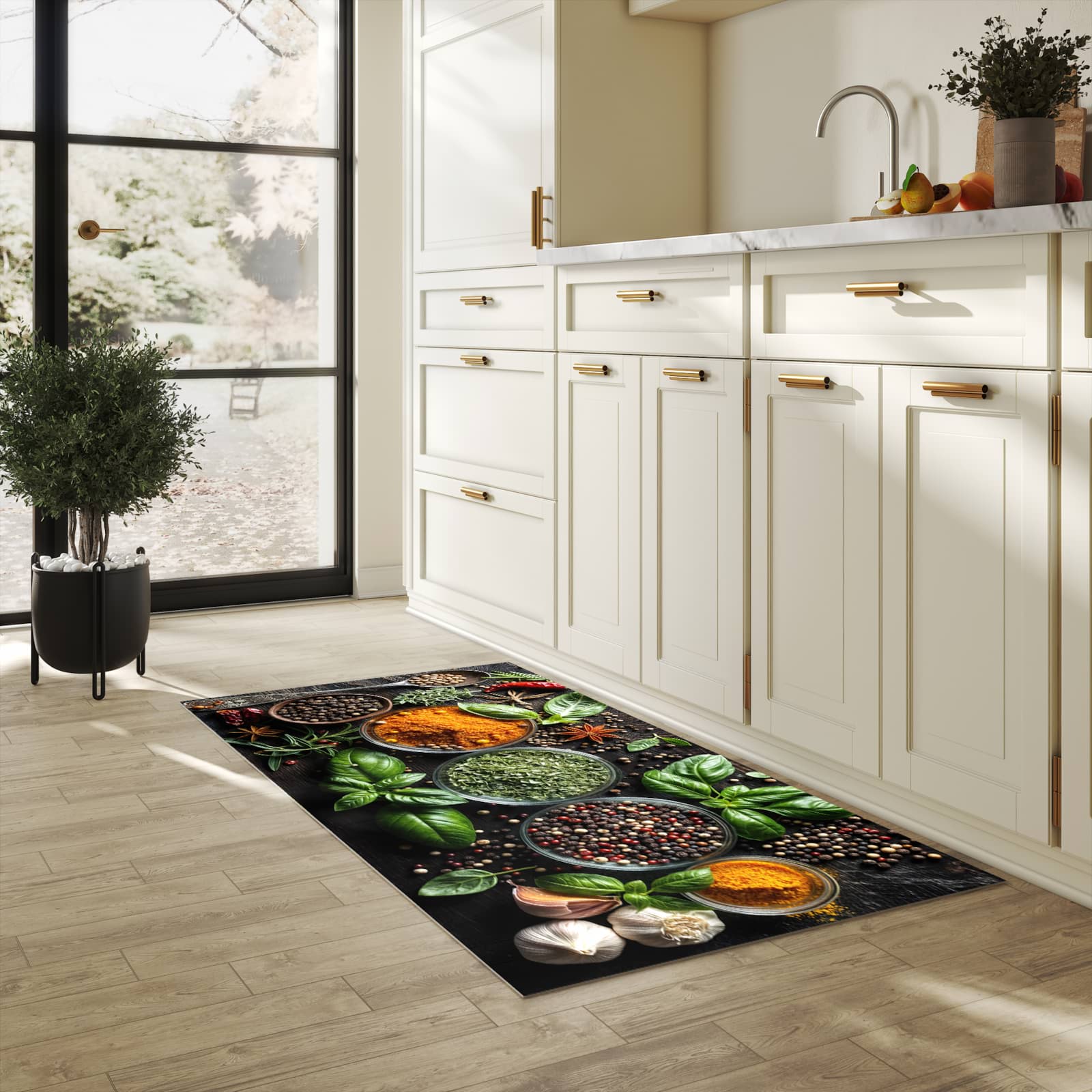 Rutschfester Läufer mit Motiv Gewürze Und Kräuter für Eingangsbereich in heller Küche