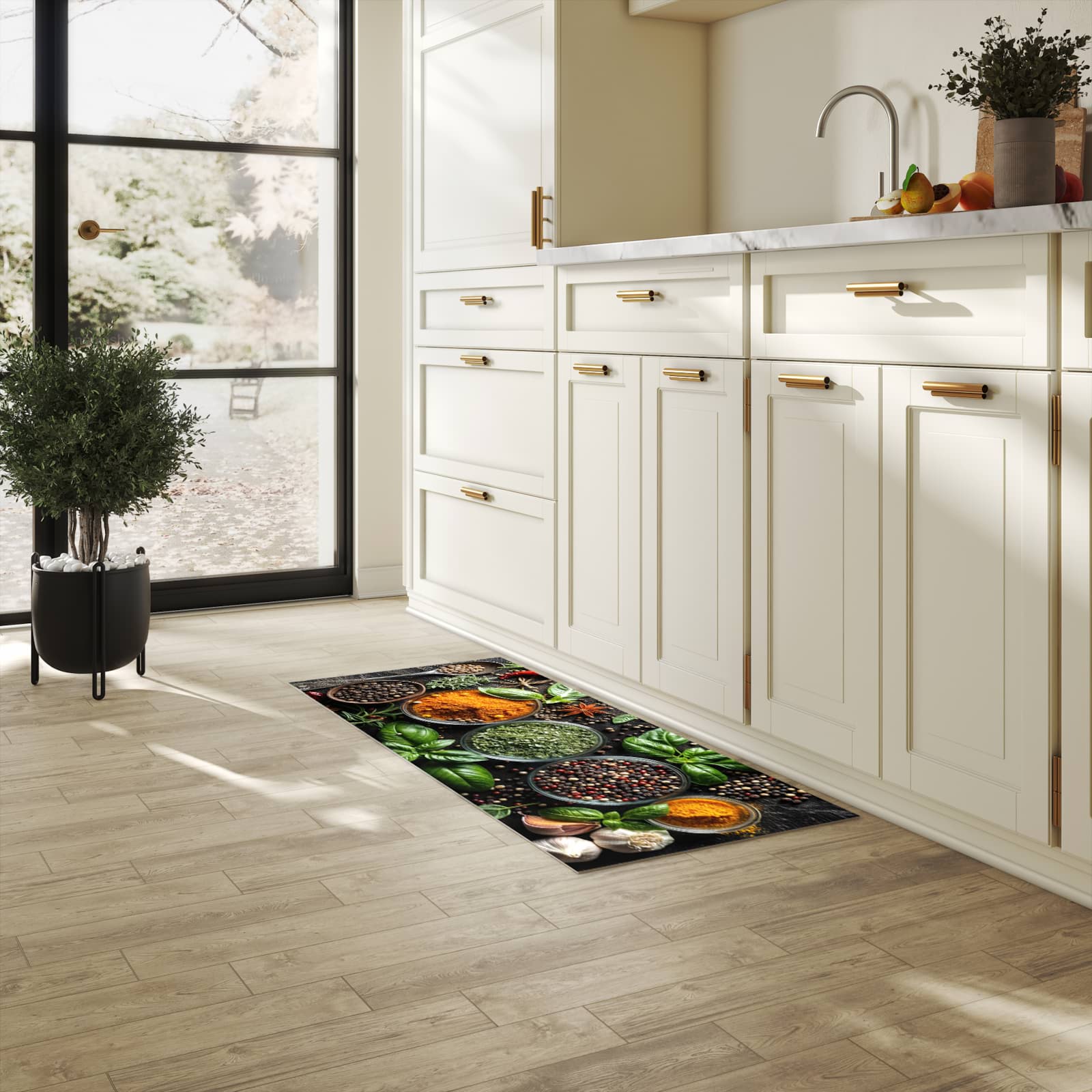 UV-beständiger Küchenläufer mit Motiv Gewürze Und Kräuter in heller Küche