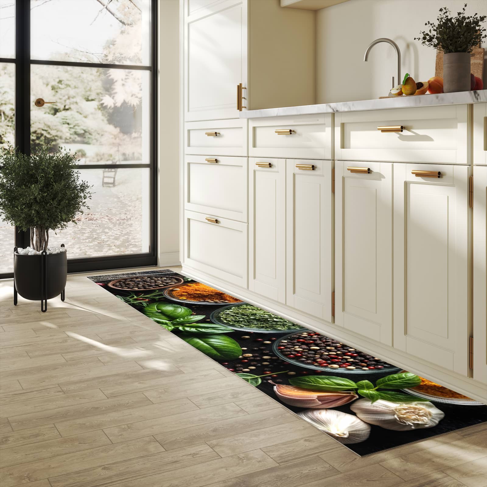 Schmutzabweisender Küchenläufer mit Motiv Gewürze Und Kräuter in heller Küche
