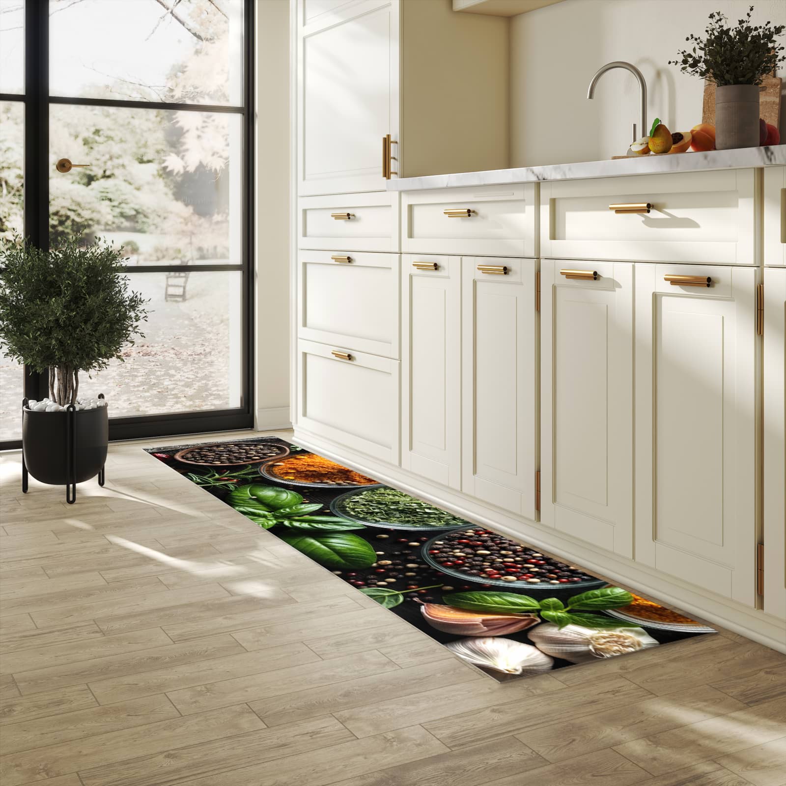 Fleckenresistenter waschbarer Teppich Küche mit Motiv Gewürze Und Kräuter in heller Küche