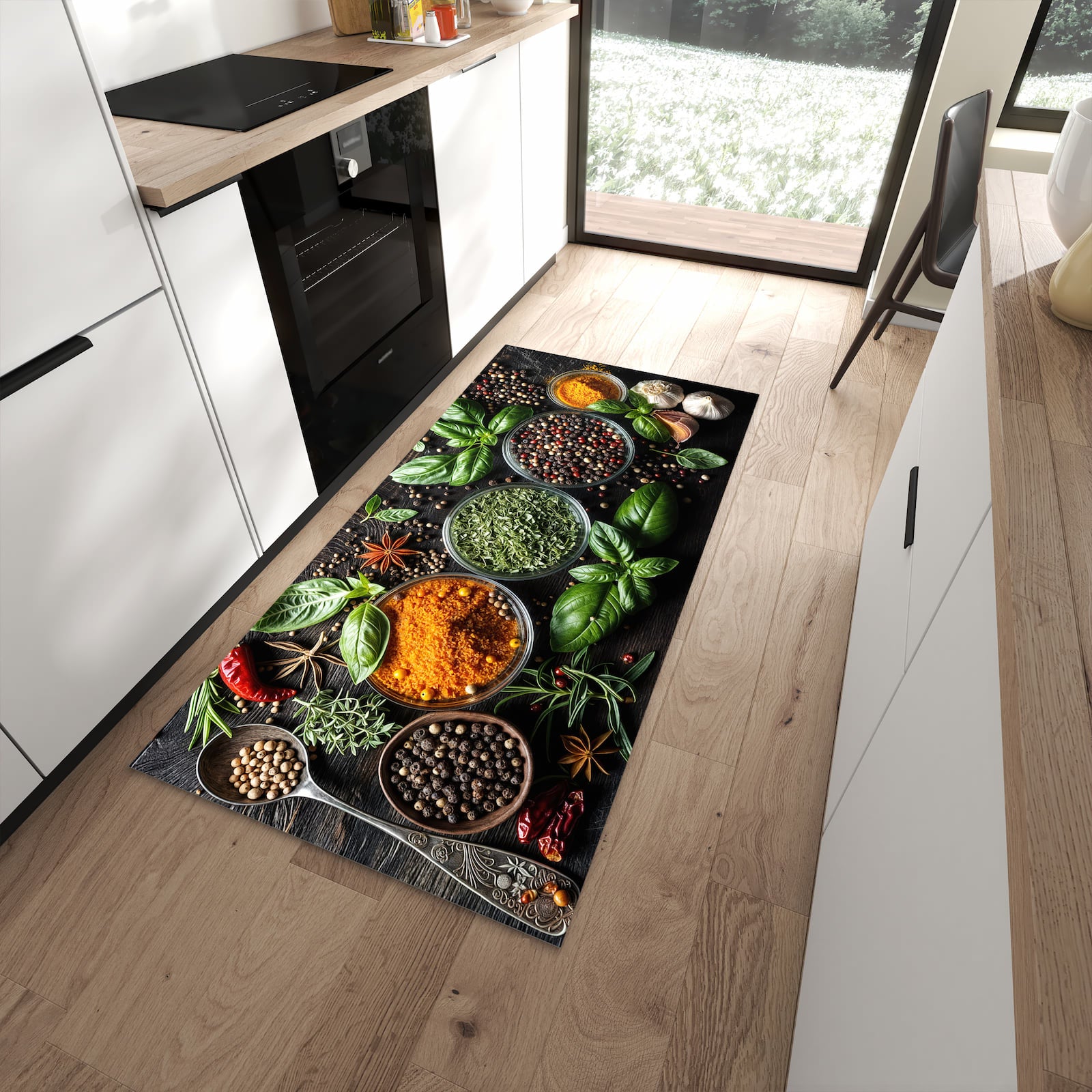 UV-beständiger Küchenteppich mit Motiv Gewürze Und Kräuter in moderner Küche