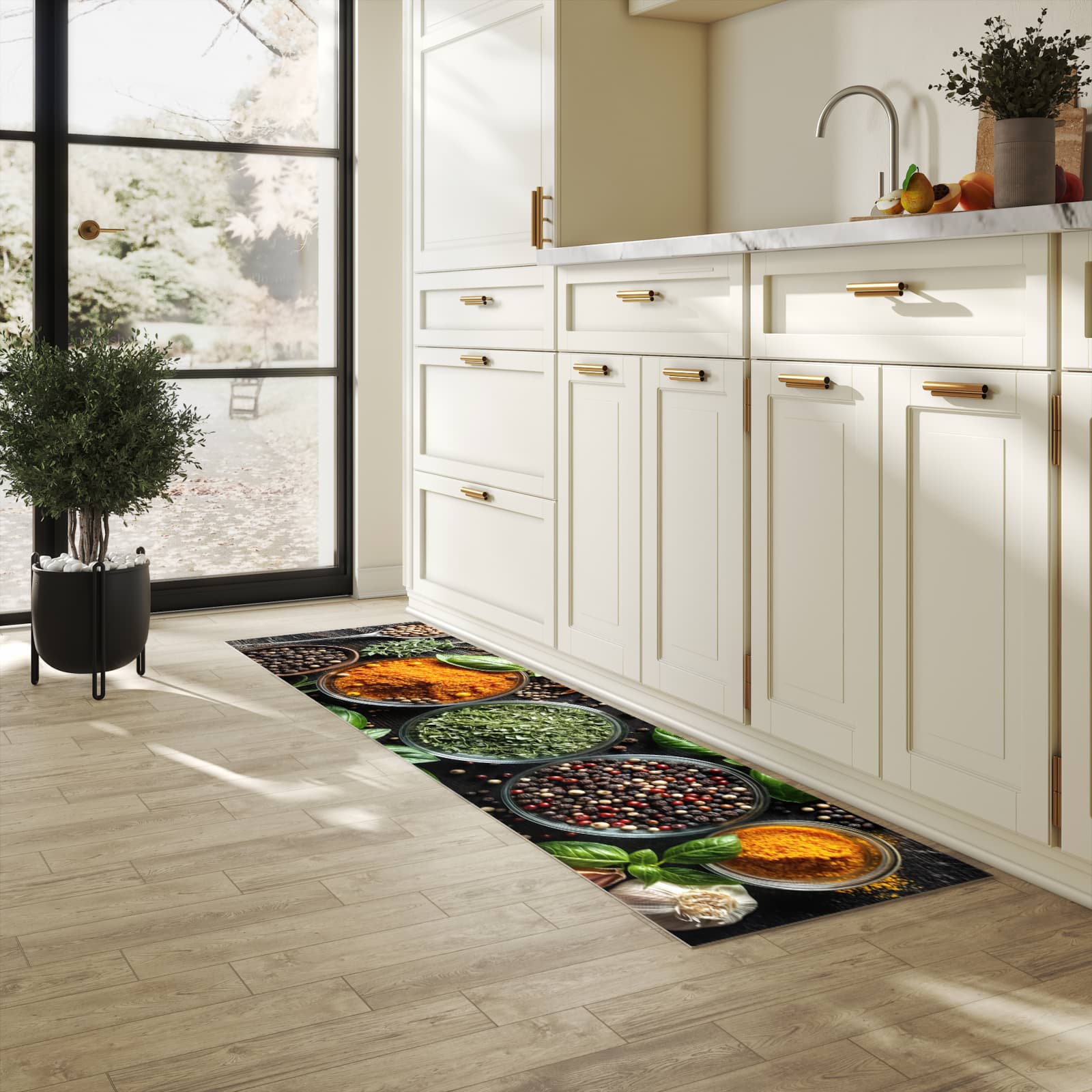 Wasserabweisender Küchenvorleger mit Motiv Gewürze Und Kräuter in heller Küche