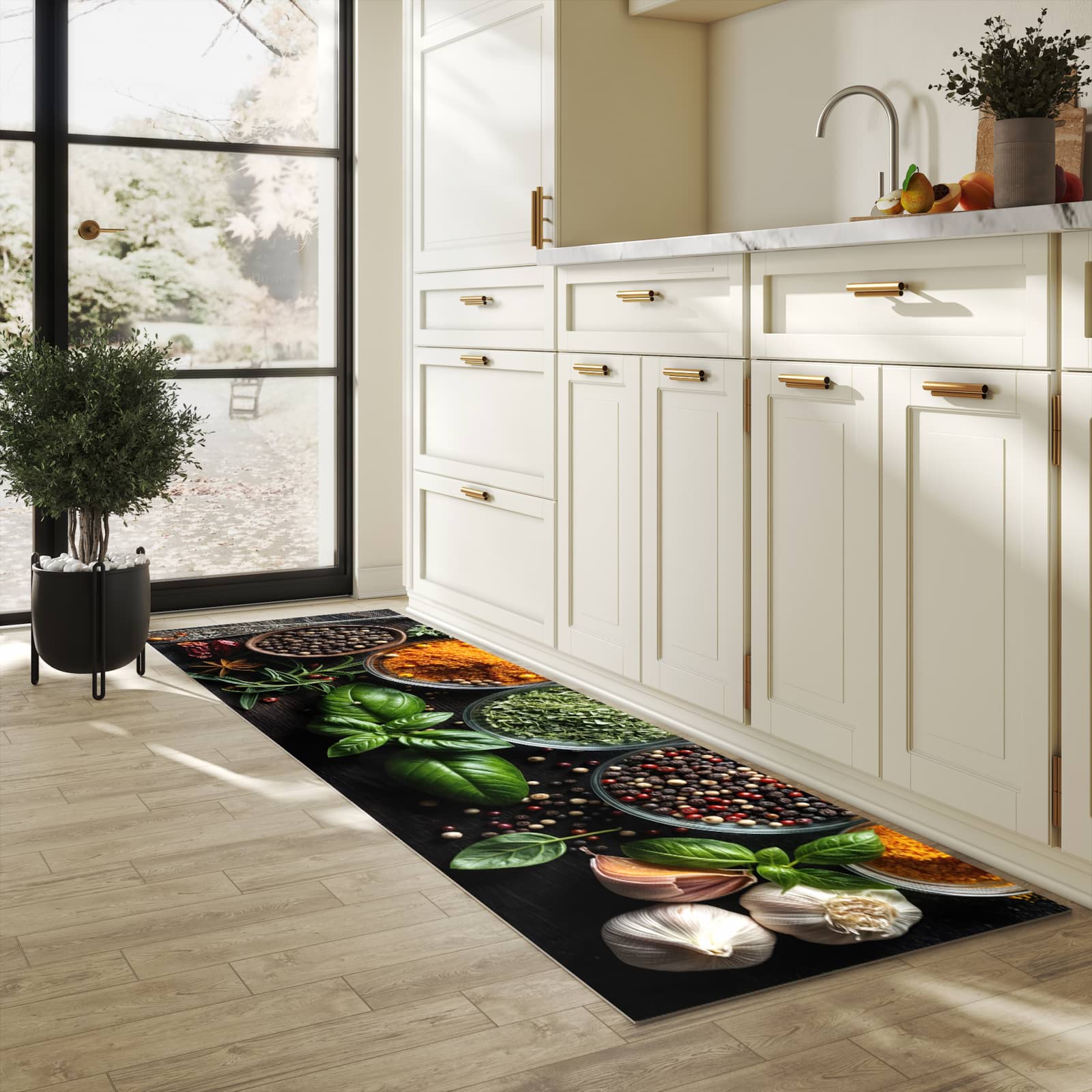 Pflegeleichter waschbarer Küchenläufer mit Motiv Gewürze Und Kräuter in heller Küche