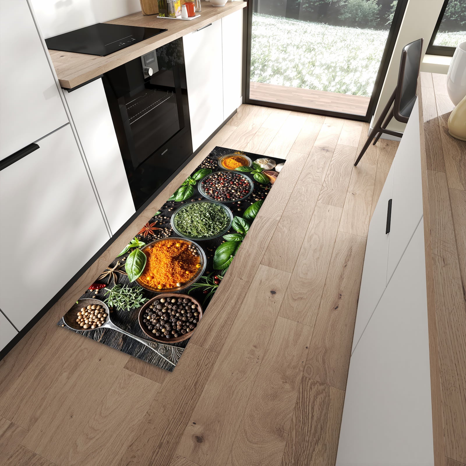 Bodenschonender rutschfester Küchenläufer mit Motiv Gewürze Und Kräuter in moderner Küche