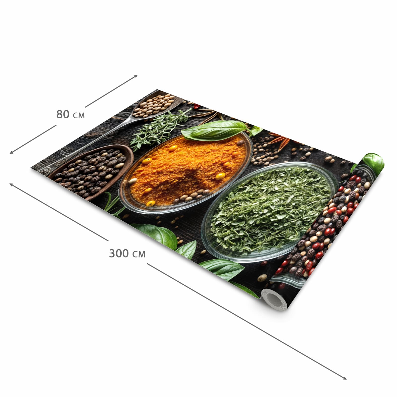 Geräuschdämpfender waschbarer Küchenteppich mit Motiv Gewürze Und Kräuter in der Größe 80x200 cm