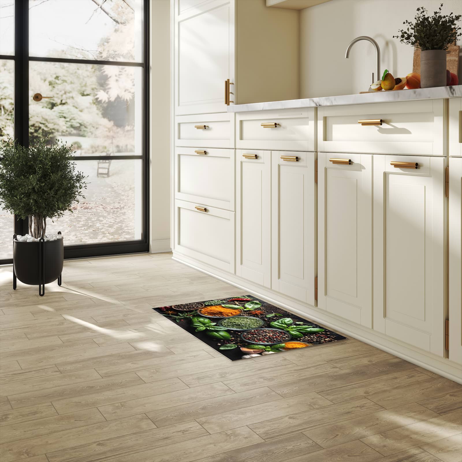 Geruchsneutraler Küchenläufer mit Motiv Gewürze Und Kräuter in heller Küche