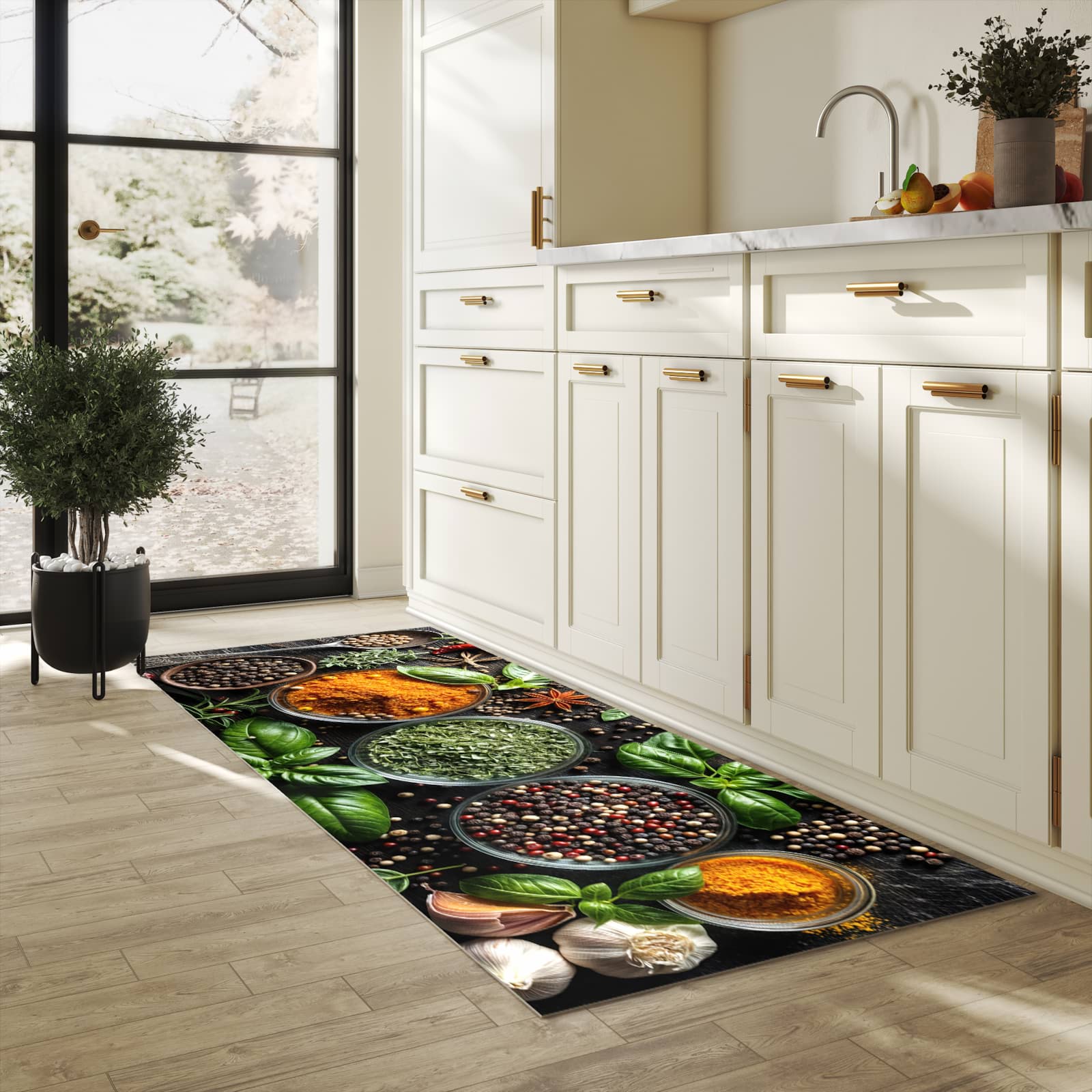 Pflegeleichter Läufer mit Motiv Gewürze Und Kräuter in heller Küche für einfache Reinigung