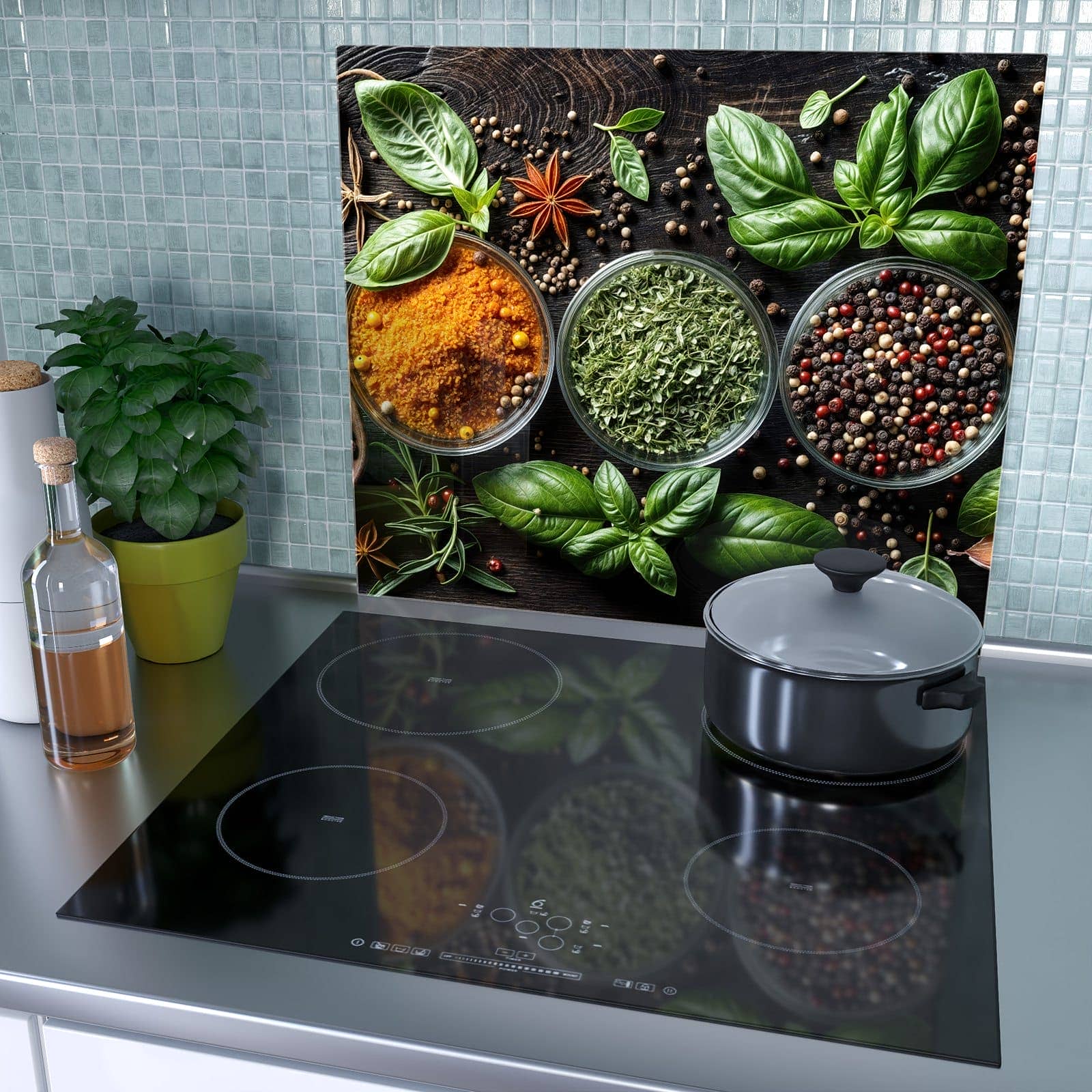 1-teilige Herdabdeckplatte mit Gewürze Und Kräuter-Motiv als Spritzschutz hinter dem Kochfeld