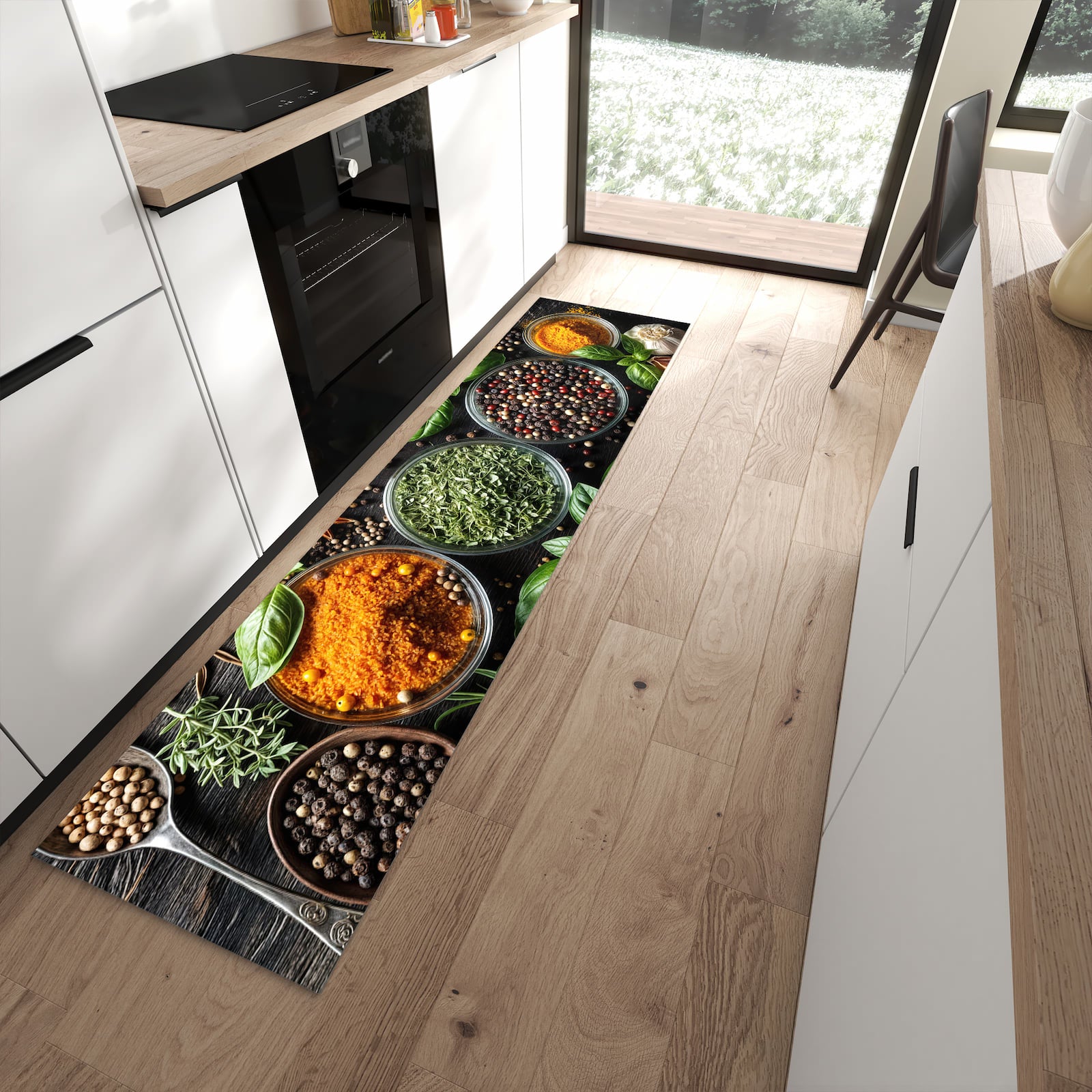 Waschbarer Küchenläufer mit Motiv Gewürze Und Kräuter für Ordnung in moderner Küche