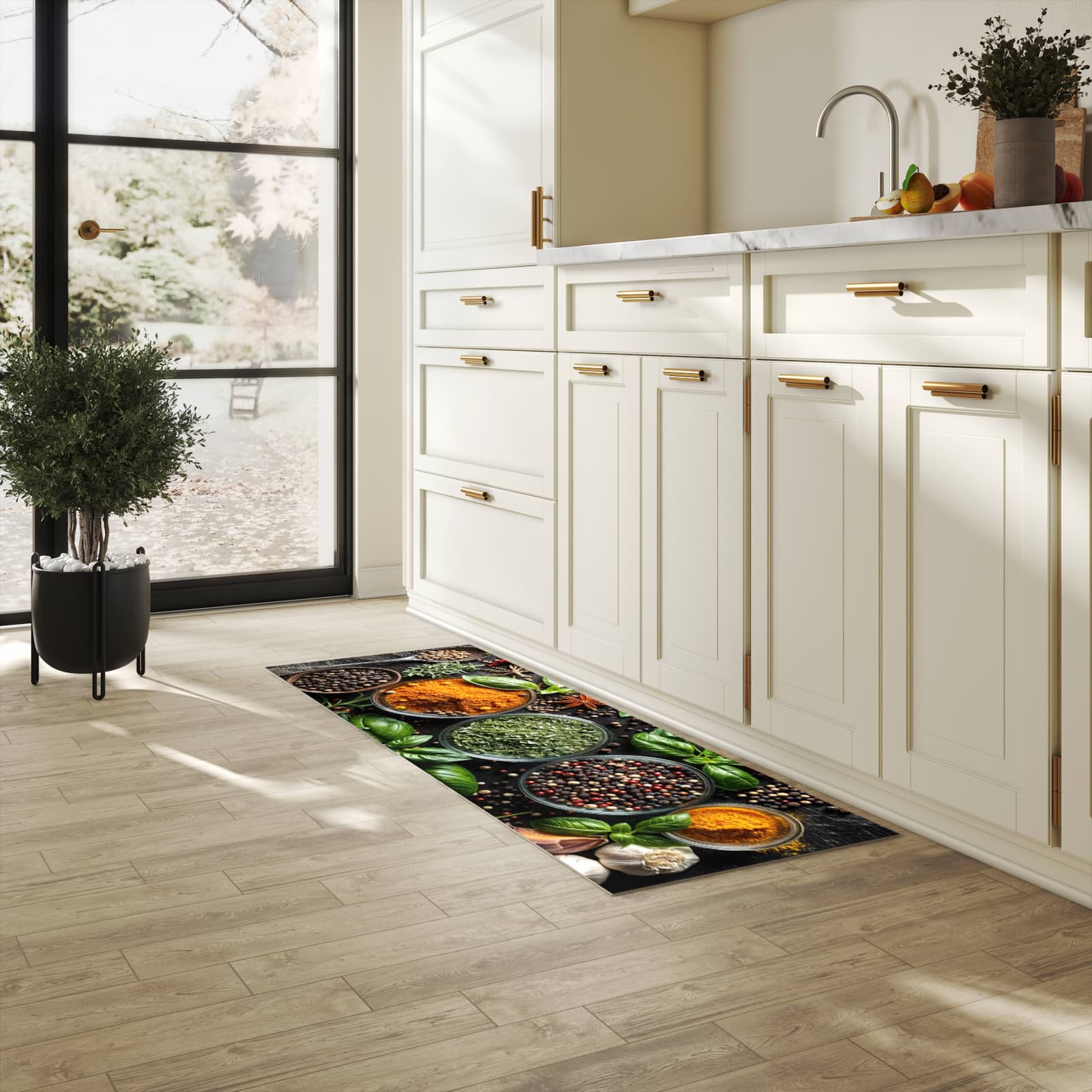 Küchenteppich mit Motiv Gewürze Und Kräuter für Trittkomfort in heller Küche