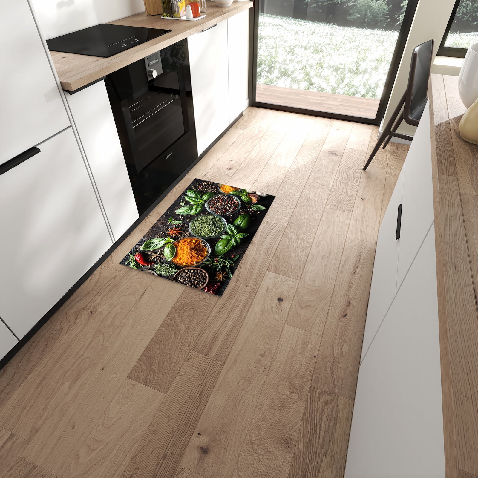 Formstabiler Küchenläufer nach Maß mit Motiv Gewürze Und Kräuter in moderner Küche