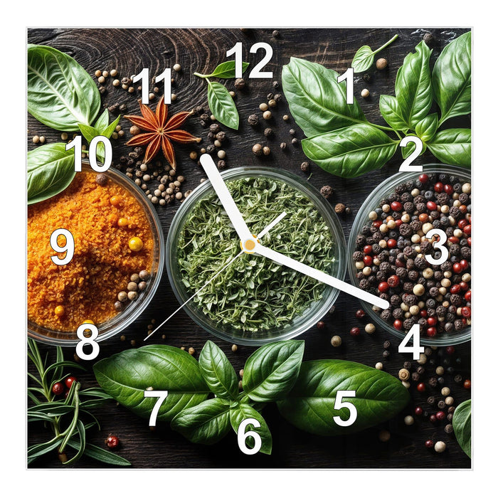 Wanduhr Gewürze Und Kräuter aus Glas – Quadratisch 30 × 30 cm mit Ziffernblatt Modern