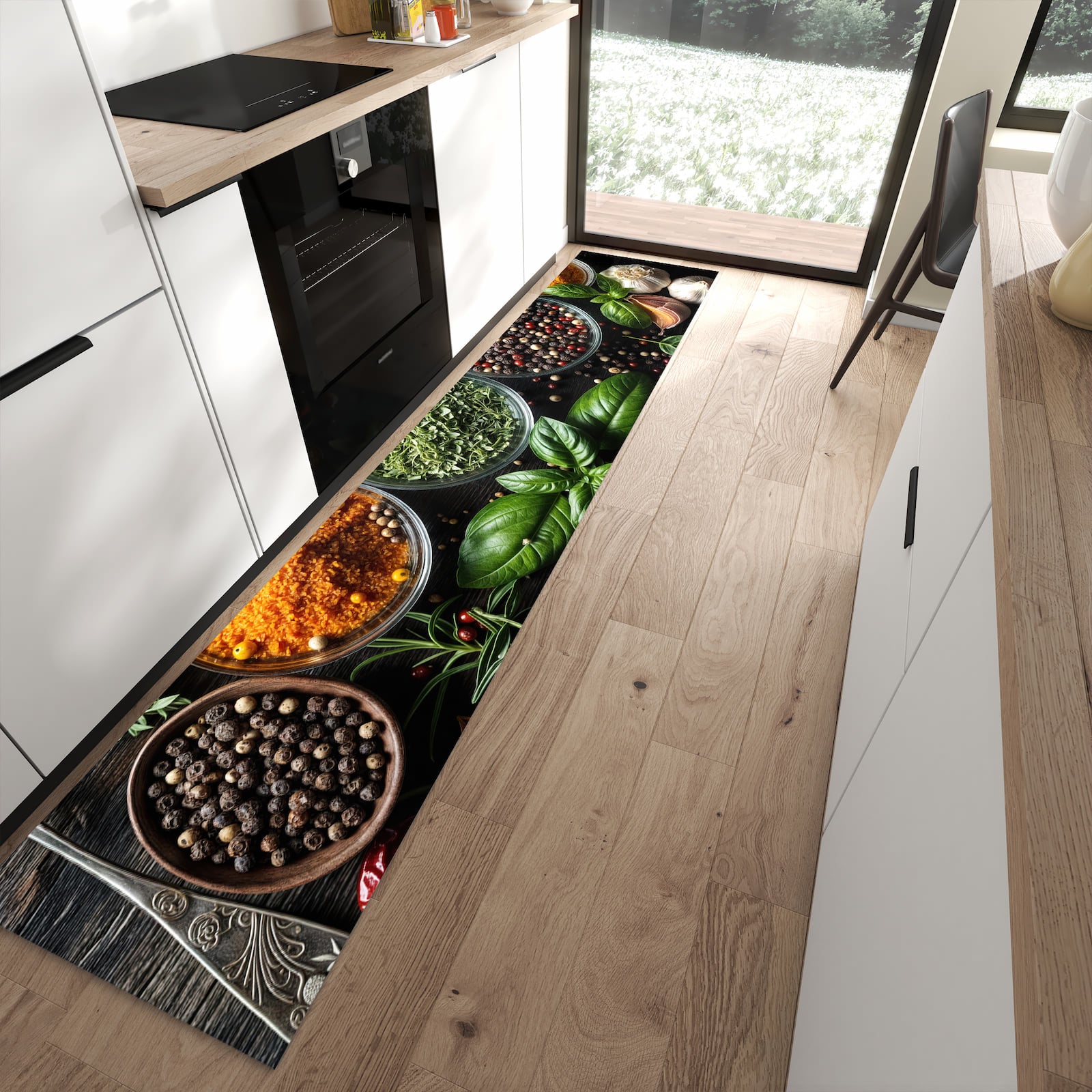 Farbbeständiger Küchenläufer mit Motiv Gewürze Und Kräuter in moderner Küche