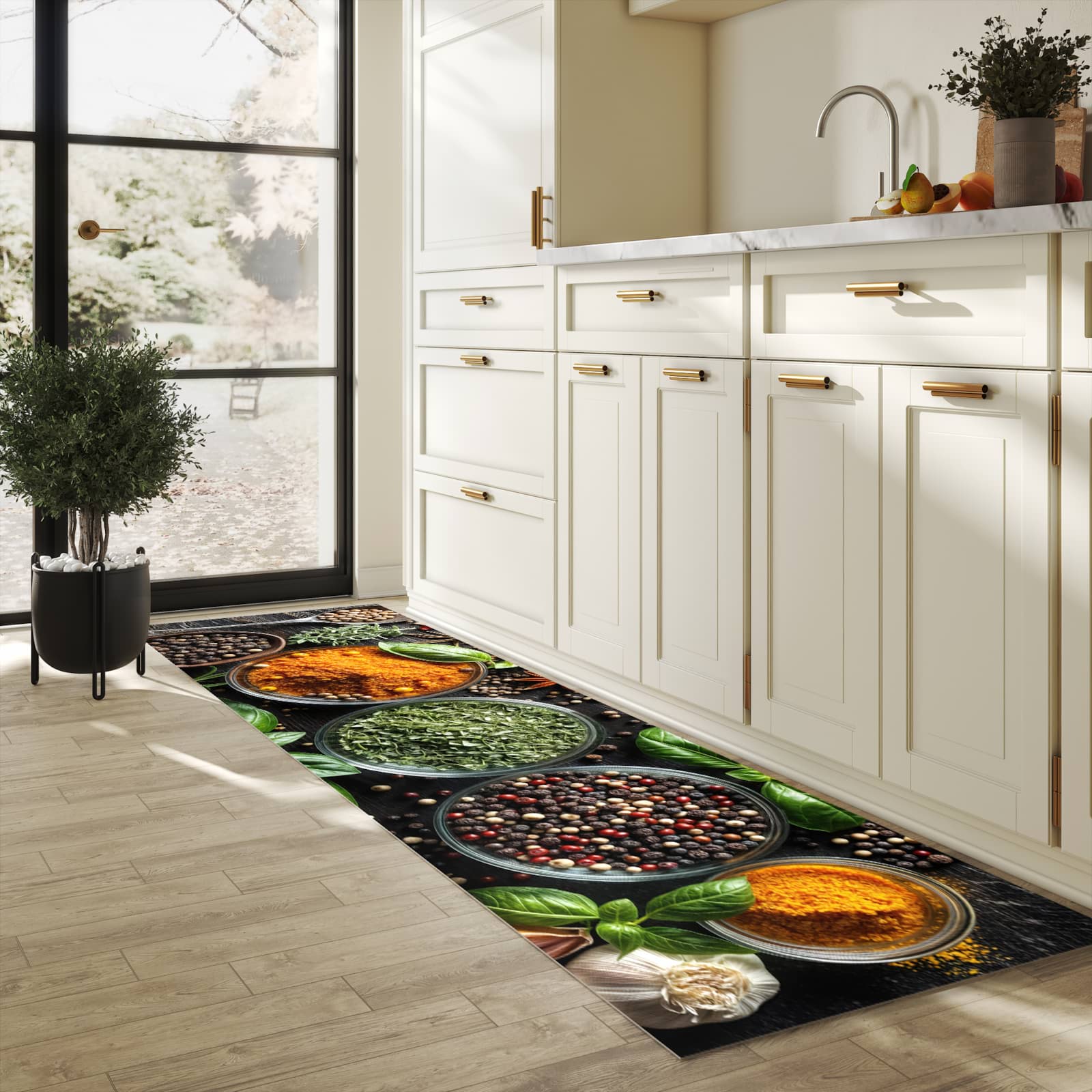 Komfortabler langer Teppich mit Motiv Gewürze Und Kräuter in heller Küche