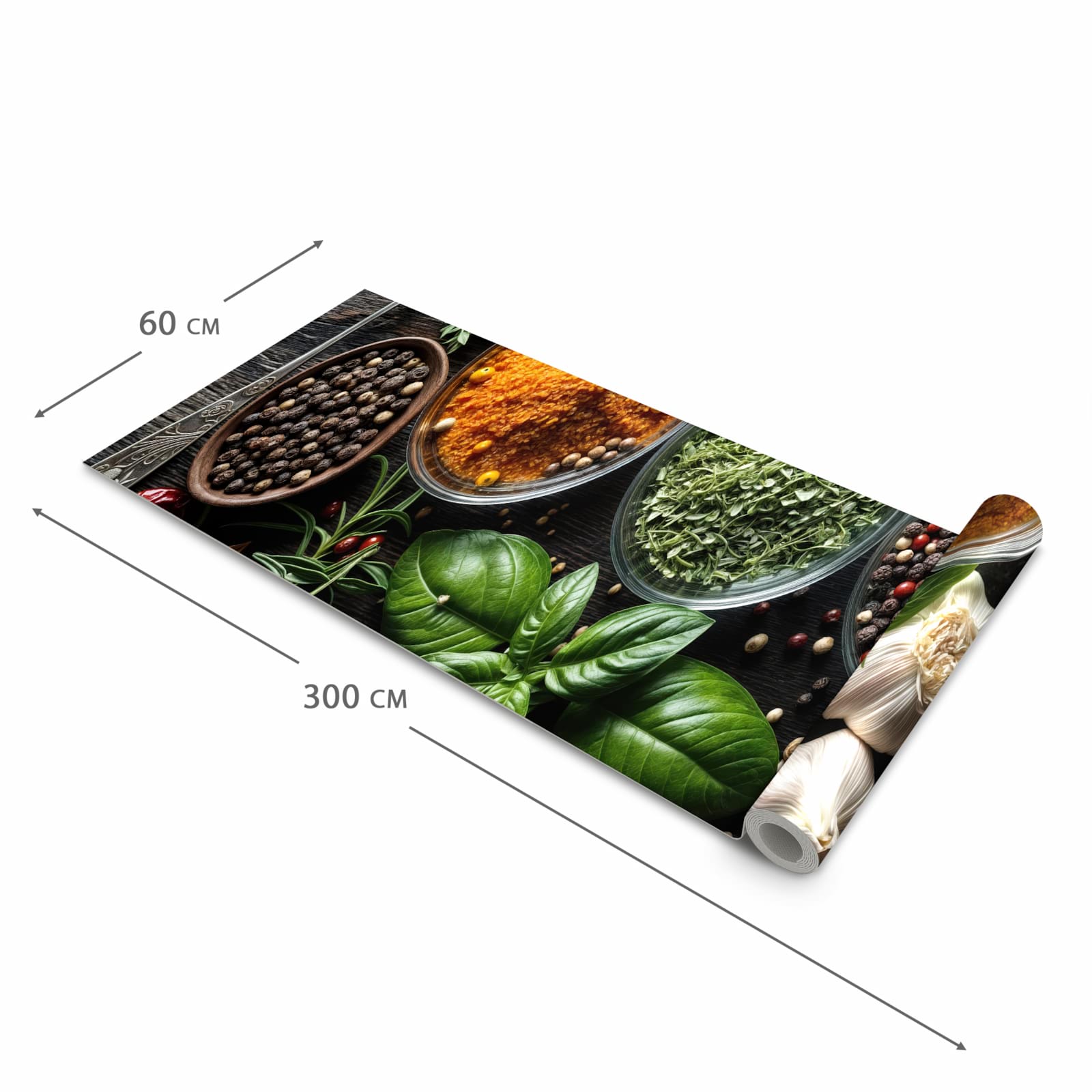 Bodenschonender waschbarer Küchenteppich mit Motiv Gewürze Und Kräuter in der Grösse 80x200 cm